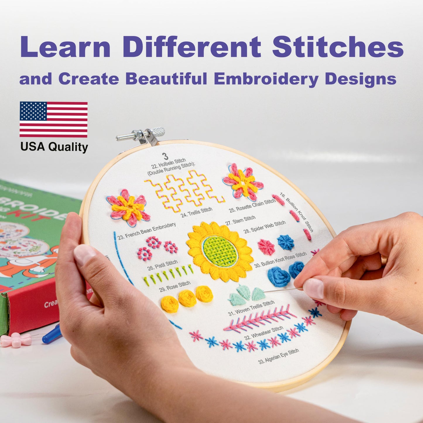 Azenera Beginner Embroidery Kit (4 Pack) Learn 33 Stitches with Easy DIY Video Tutorials, Coloured Design Patterns, Thread Floss, Cross Stitch Hoop, Gift (AZA100)