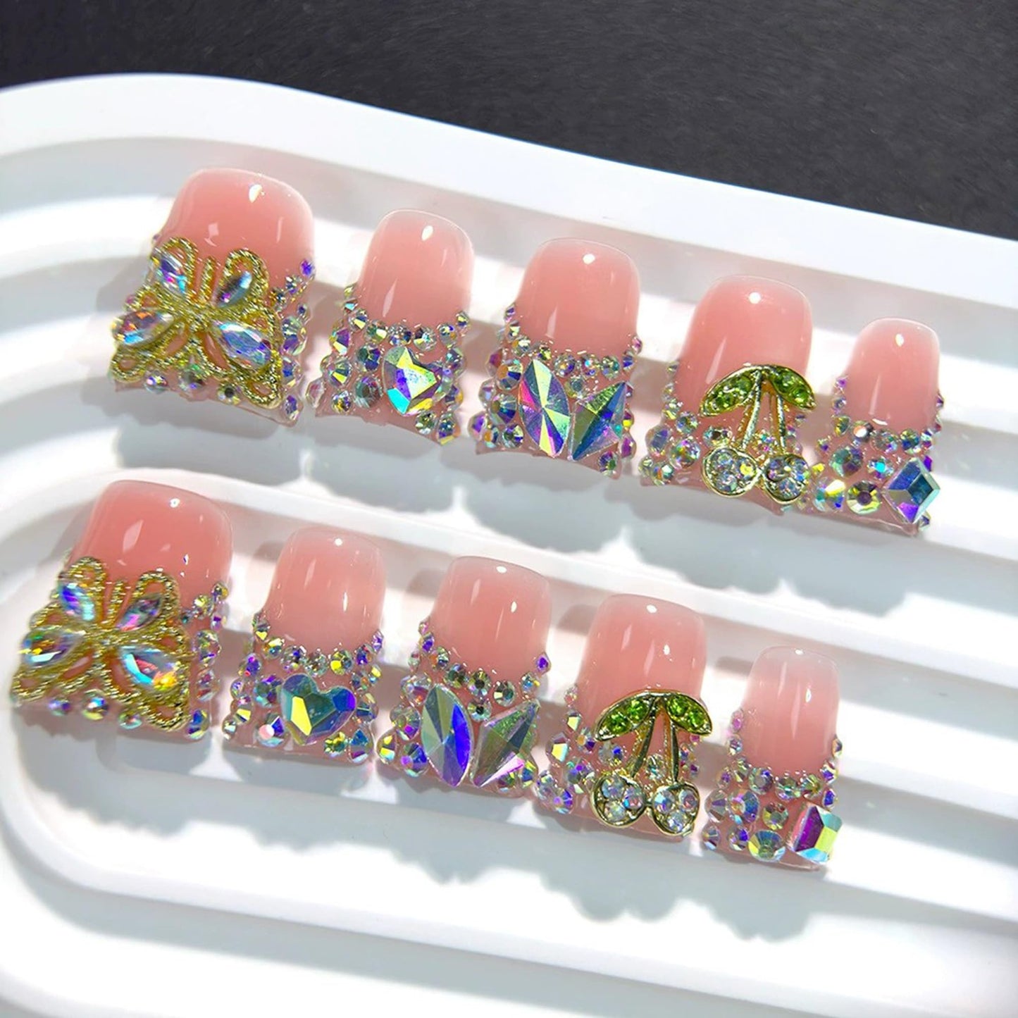 Handmade Press on Nails Luxury 3D Crystal Short Duck False Nails with Gold 3D Butterfly Designs Reusable French Tip Fake Nails Sparkly Pink Acrylic Stick on Nail for Women DIY 10Pcs(Size M)