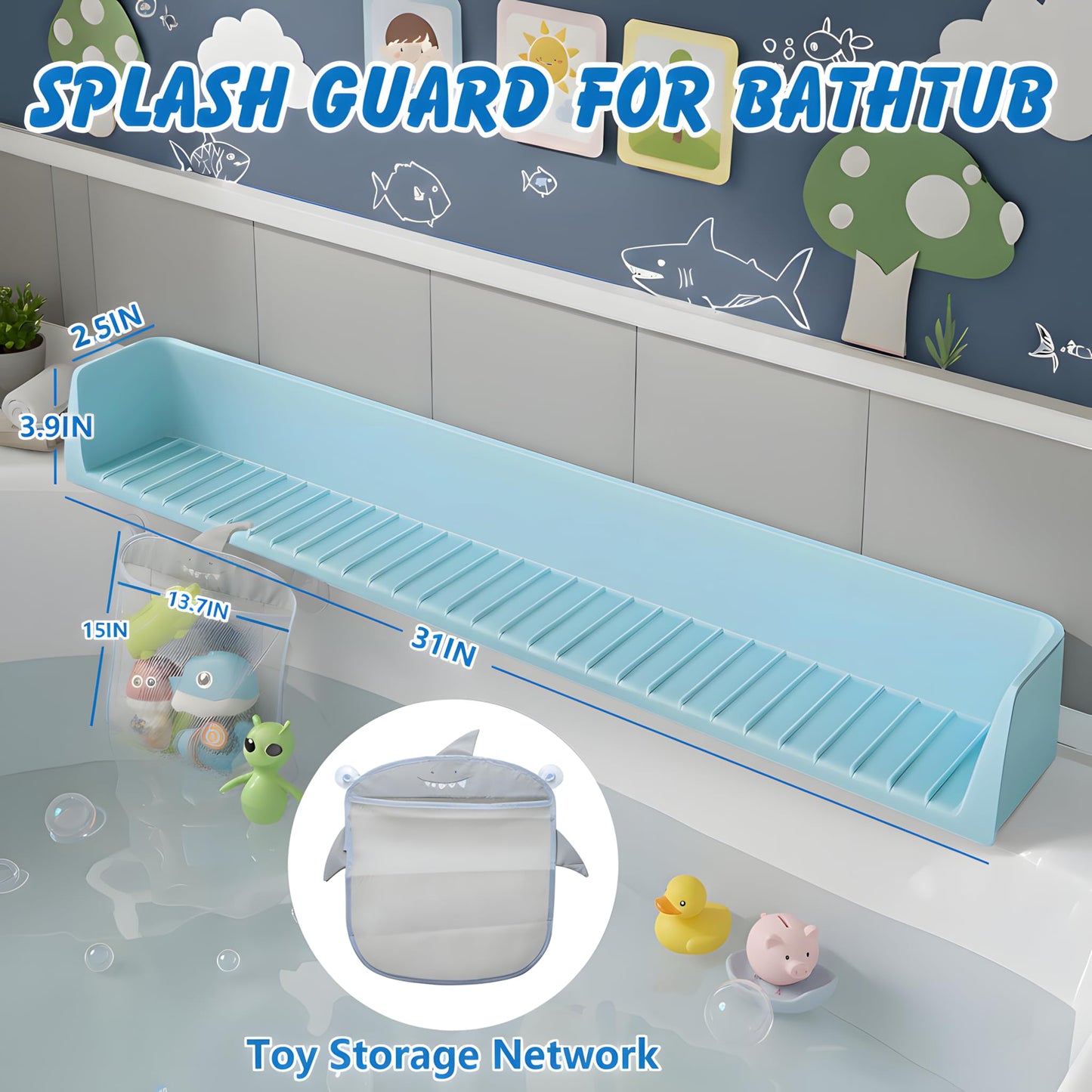 2.6 Feet Extra Wide Splash Barrier, Bathtub Splash Guard with 11 Suction Cups, Flexible Silicone Bathtub Splash Guard, Comes with a Toy Storage Bag (Blue)