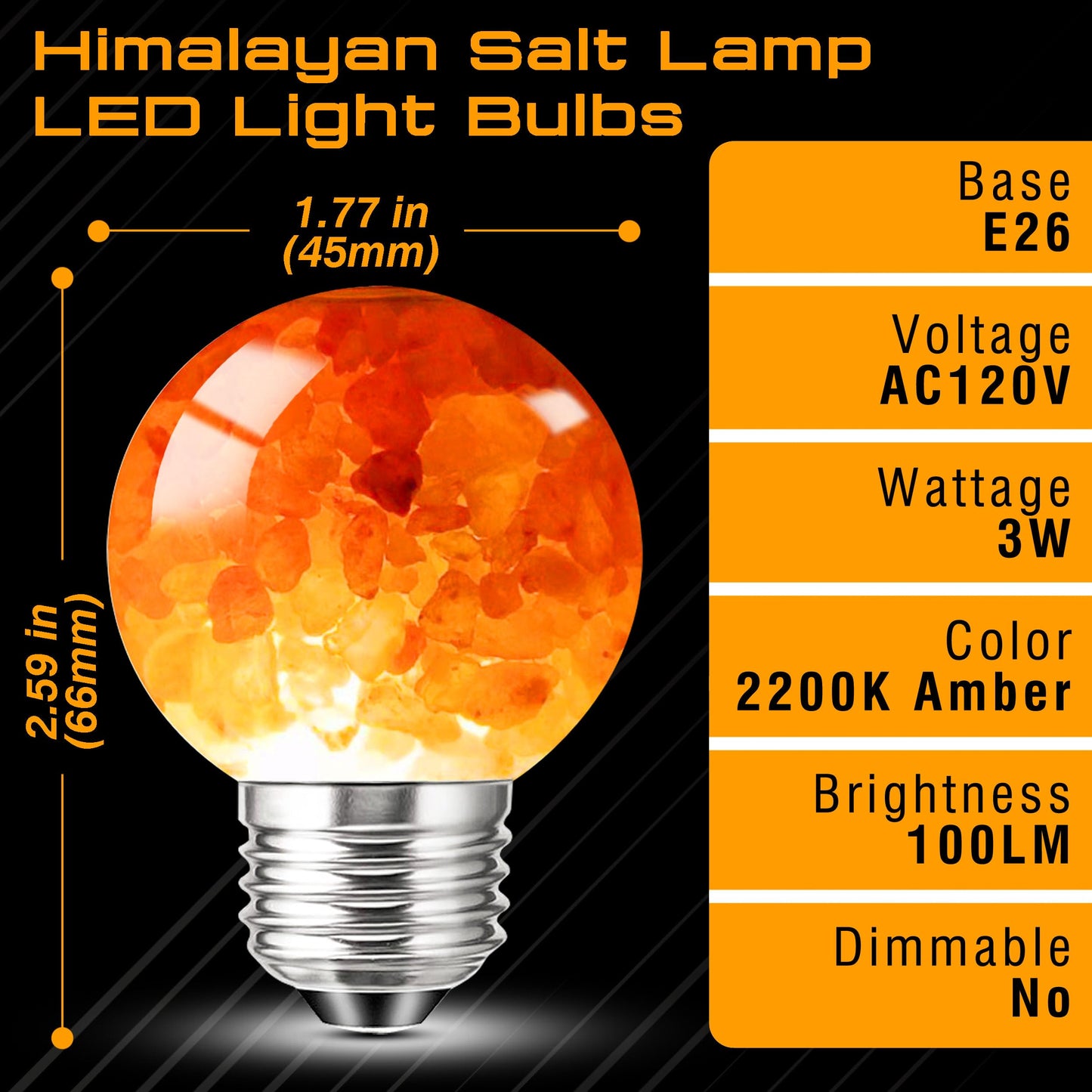 Elmoyle Himalayan Salt Lamp LED Light Bulbs, E26 2200K Warm Amber Pink, 3W Mood Lighting Night Light, E26 G45 Salt Rock Stress Relief Bulbs for Bedroom, Decor, Sleep Light, Non-Dimmable, 2pack