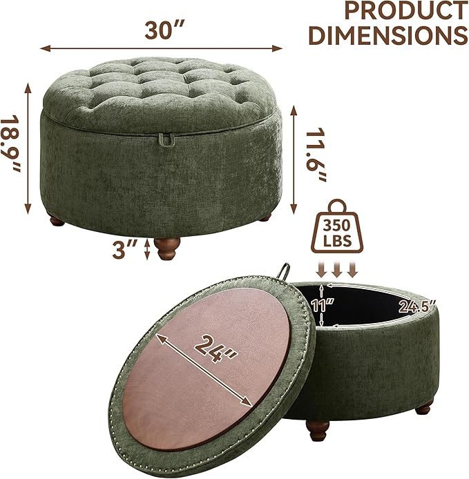 30Inch Round Storage Ottoman with Tray, Modern Tufted Circle Coffee Table with Storage, Upholstered Ottoman with Removable Top for Living Room, Bedroom, Chenille Green