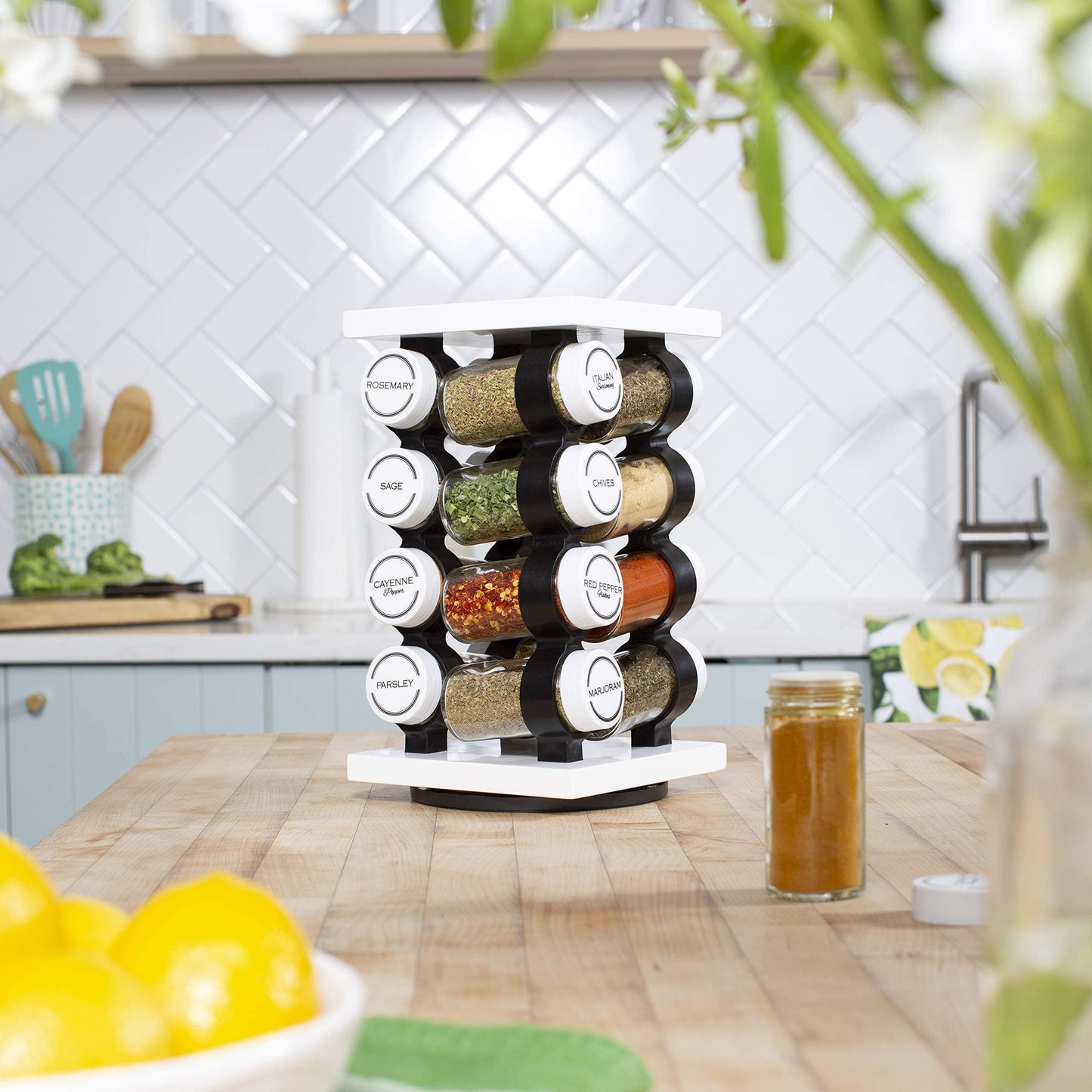 Orii 16 Jar Rotating White Spice Rack with Spices Included & 5-Year Spice Refill Program – Compact Countertop Spice Rack with Glass Jars