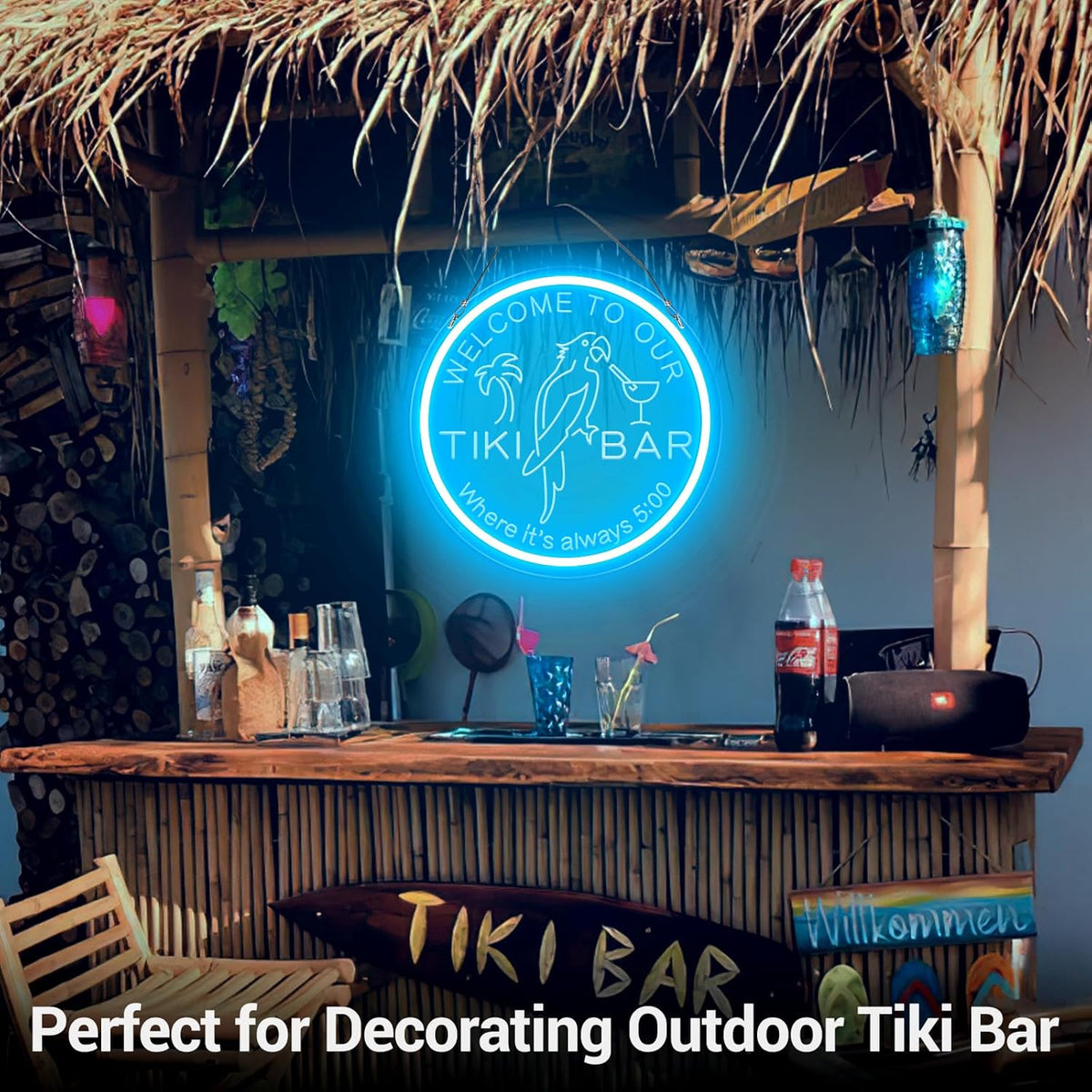 Tiki Bar Neon Sign for Bar Wall Decor, Timing Dimmable LED Neon Bar Lights, 3D Engraving Tiki Parrot Summer Light Up Signs for Home Pub Man Cave Club Restaurant Bistro Party, 12x12 Inch
