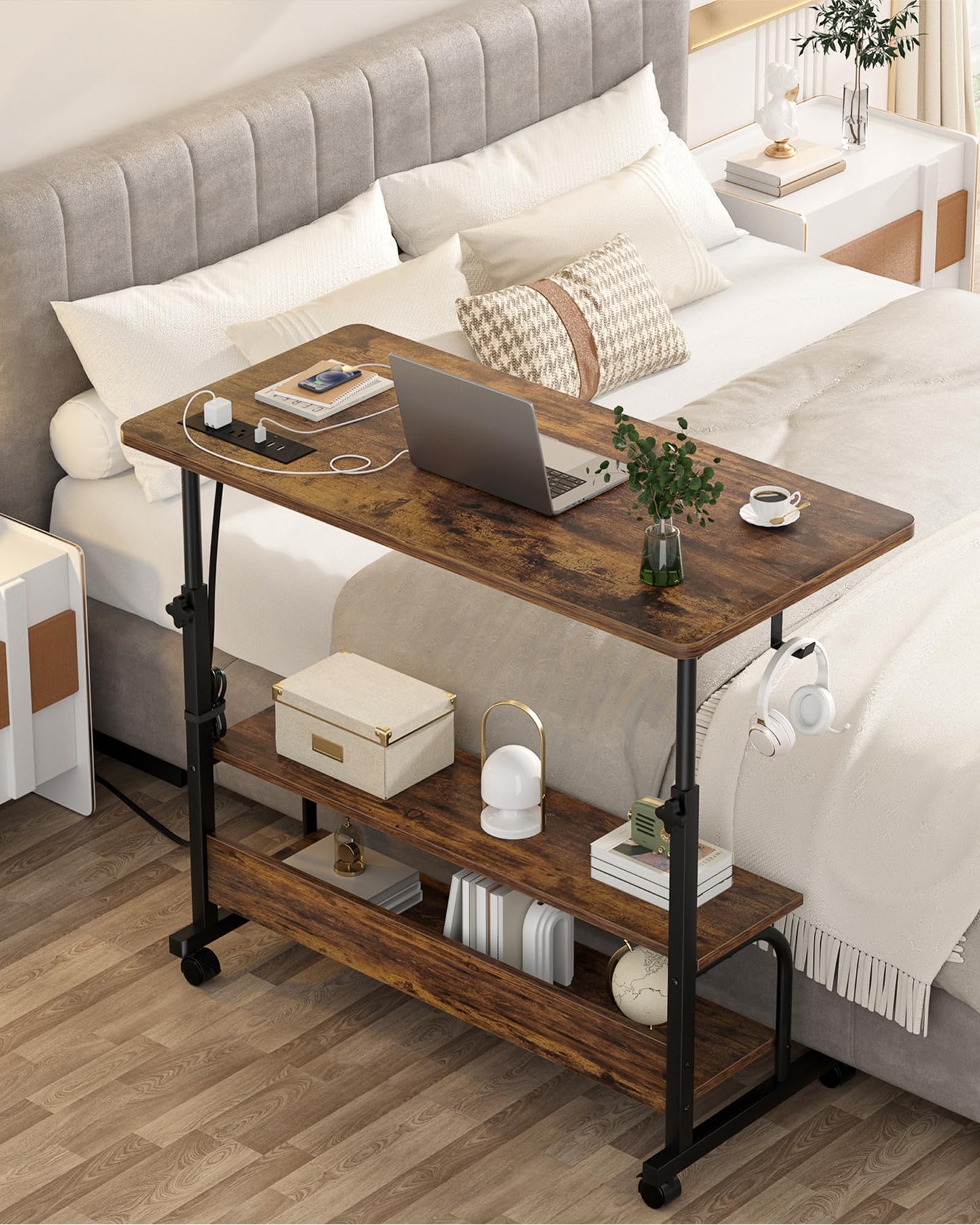 Armocity Rolling Standing Desk with Power Outlets, 32" Manual Height Adjustable Mobile Computer Desk with Wheels, Small Portable Sit Stand Laptop Couch Table for Bed & Sofa Home Office, Rustic Brown