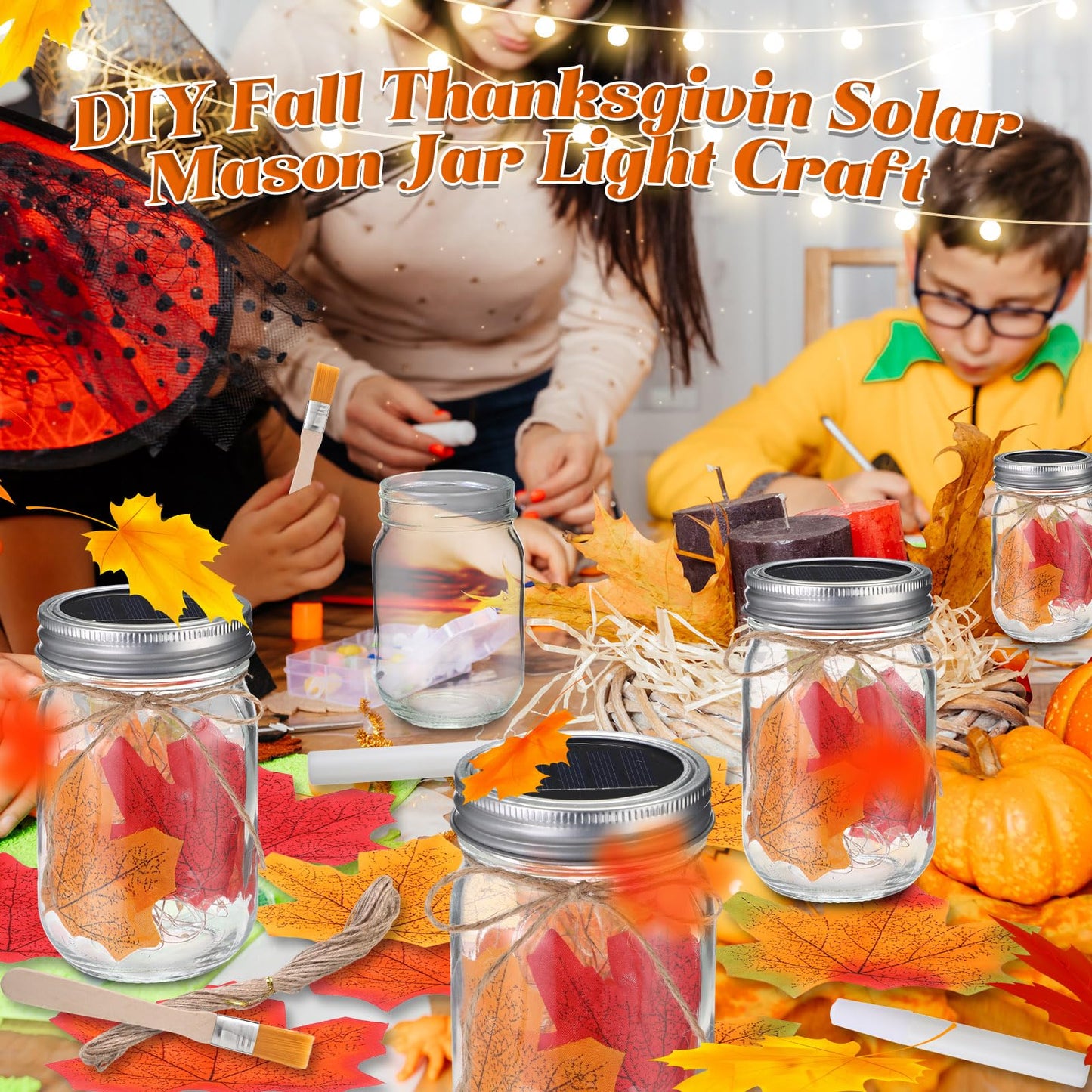 LemonRoad 2 Sets Thanksgiving DIY Craft Kit DIY Glass Mason Jar Solar Lanterns Fall Maple Leaf Table Centerpieces Decoration with Rope Brush Glue for Autumn Party Decor Classroom Activities Crafts