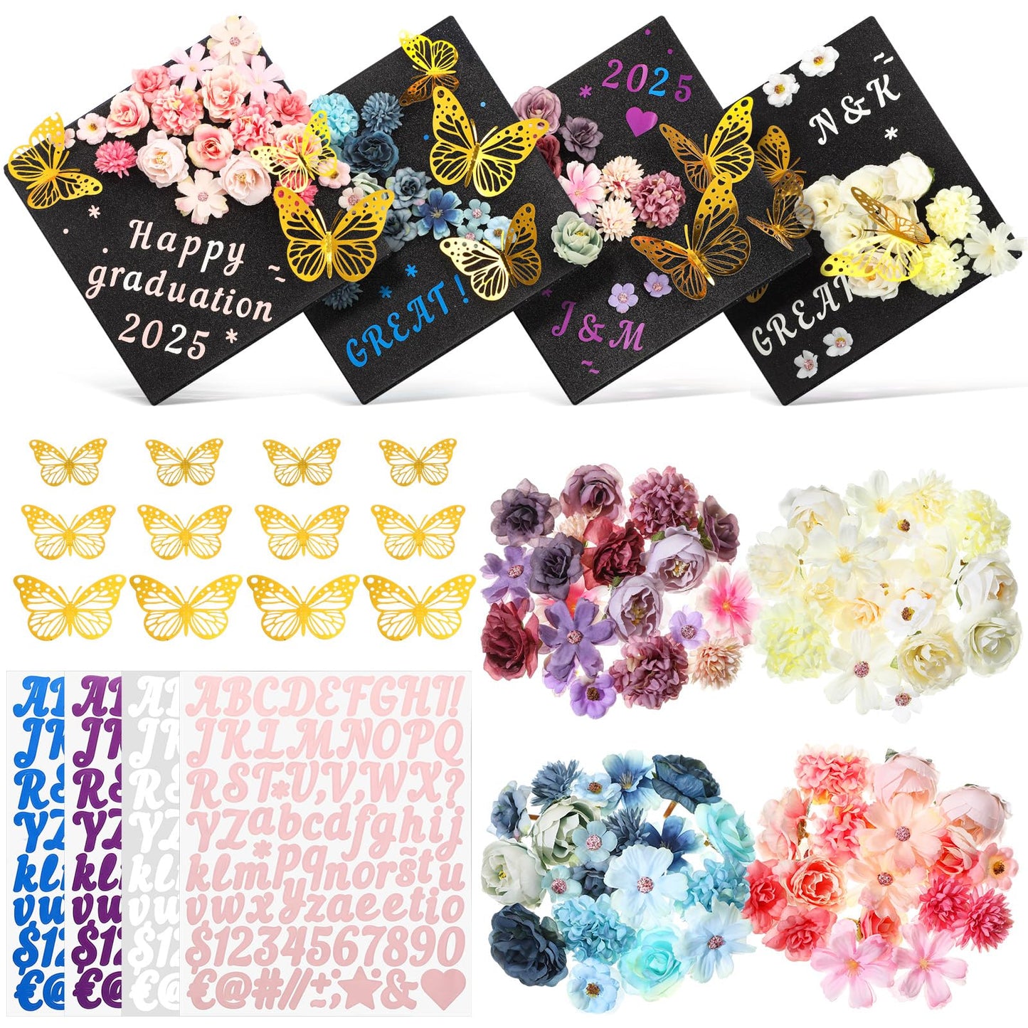 Gilprop 4 Sets 104 Pcs Graduation Cap Decorations Kits, Includes Faux Flower Heads 3D Butterfly Stickers Self Adhesive Glitter Alphabet Letter Number Stickers for Grad Hat Topper DIY