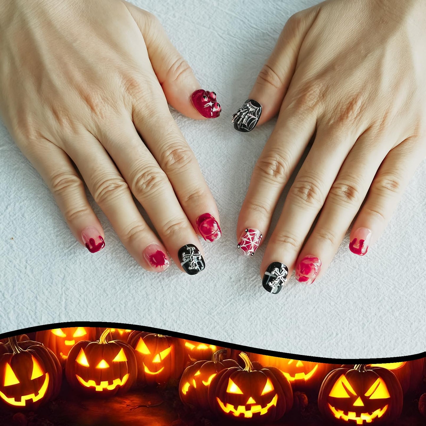 Handmade Goth Press on Nails Short Square - Red & Black 3D Spider Skeleton Charms, Edgy Alt Style Luxury False Nails, Salon Quality Reusable Thick Acrylic (Monster,M)