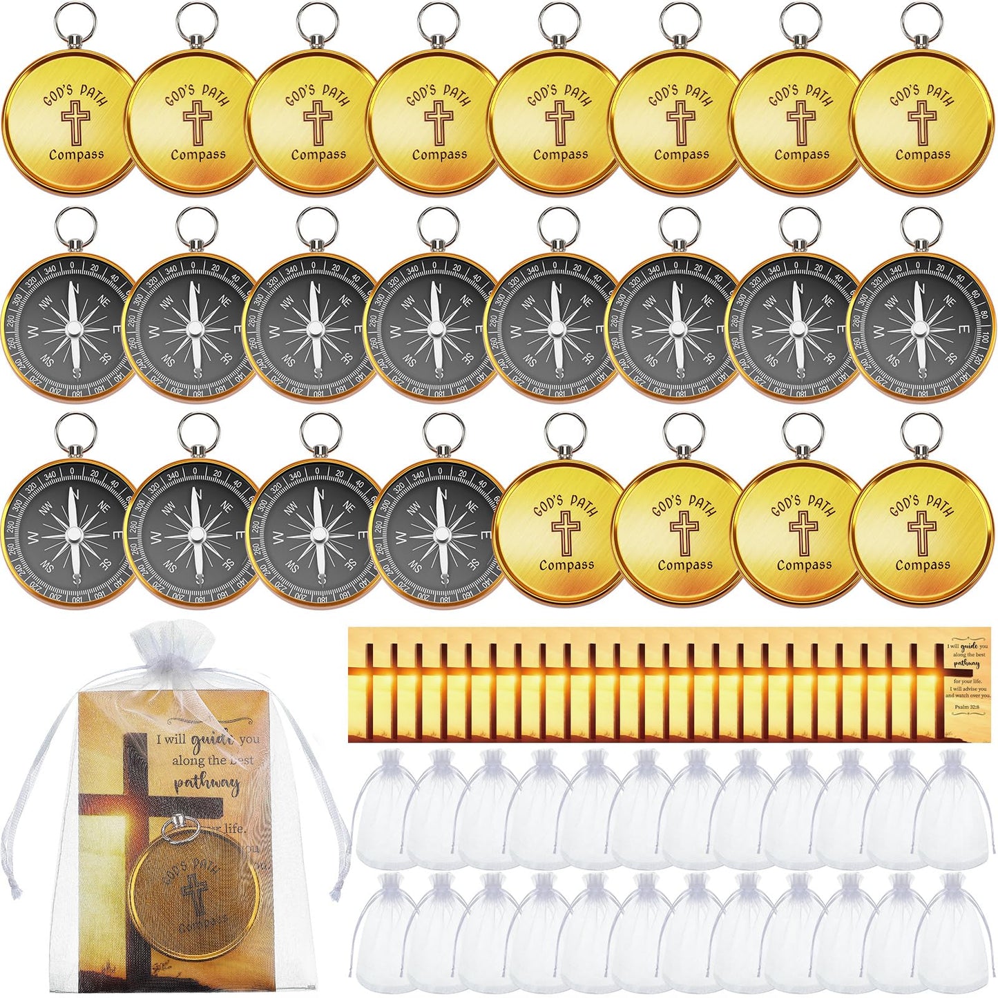Relaxweex 24 Set Mini Christian Compass Christian Gift Set Compass with Cards and White Drawstring Organza Bag Bible Scripture Cards Religious Gifts for Men Graduation Gift Weddings