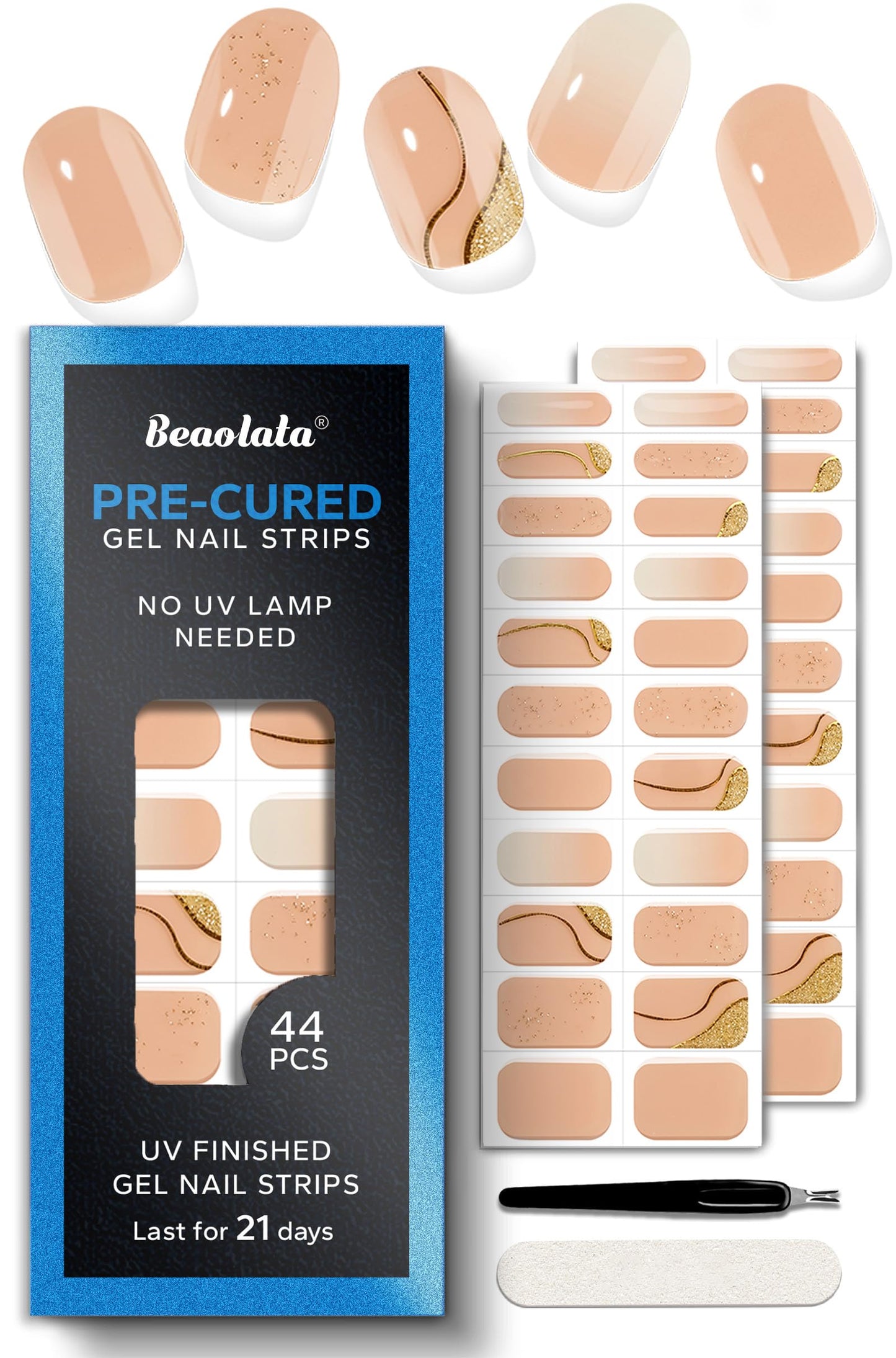 Beaolata Real Gel Nail Strips (No UV Light Needed) - 44Pcs Salon Quality Nail Stickers - Long Lasting Polish Wraps for Women, Easy Apply & Remove (Pastel Twilight Nude)