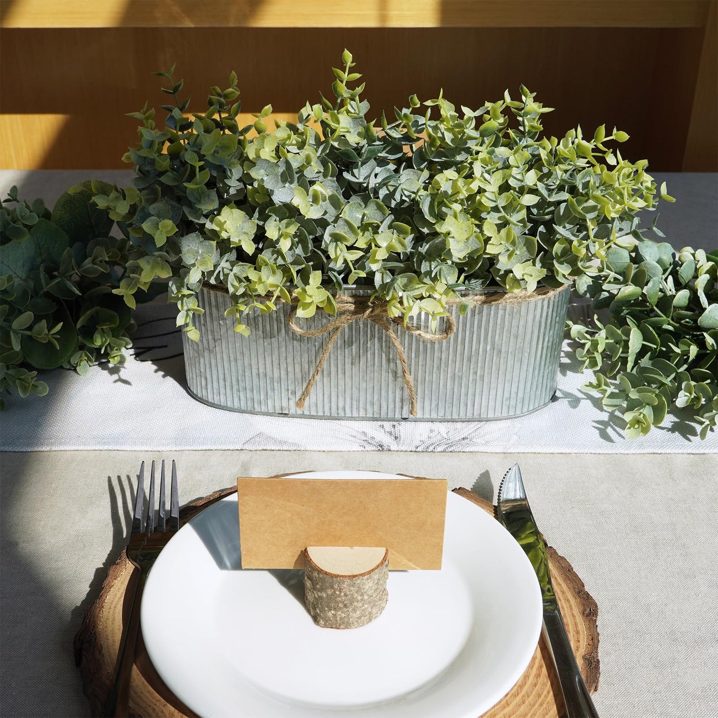 Winlyn Artificial Eucalyptus Arrangement in Rustic Oval Galvanized Metal Planter Box Faux Eucalyptus Bush Greenery Potted Plants for Farmhouse Indoor Home Office Table Centerpiece Kitchen Décor