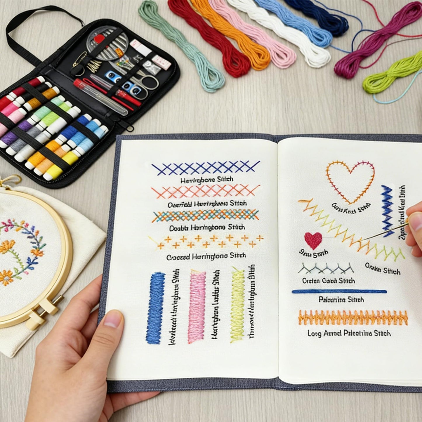 Embroidery Stitch Book Kit for Adults & DIY Craft Enthusiasts, Portable Embroidery Kit for Beginners, Includes Guide to 106 Patterns with Tools & Tutorials and 86-Piece Sewing Tool Set (1 Kit)