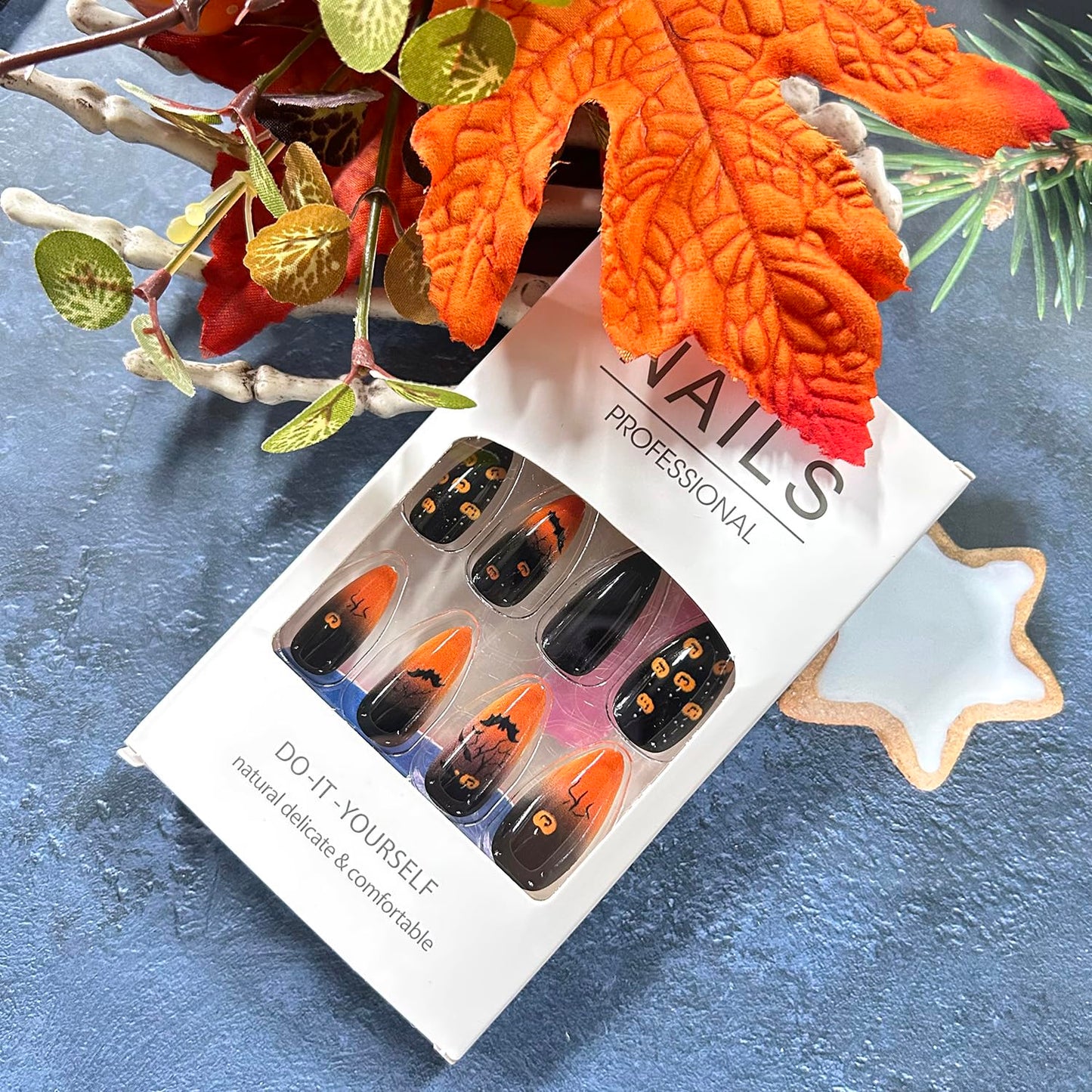 Halloween Bat Press on Nails Long Almond Pumpkin Ghost Pattern Halloween Nail Full Cover Glossy Artificial Acrylic False Nail French Tip Orange Gradient Glue on Nails for Women Festival Decoration