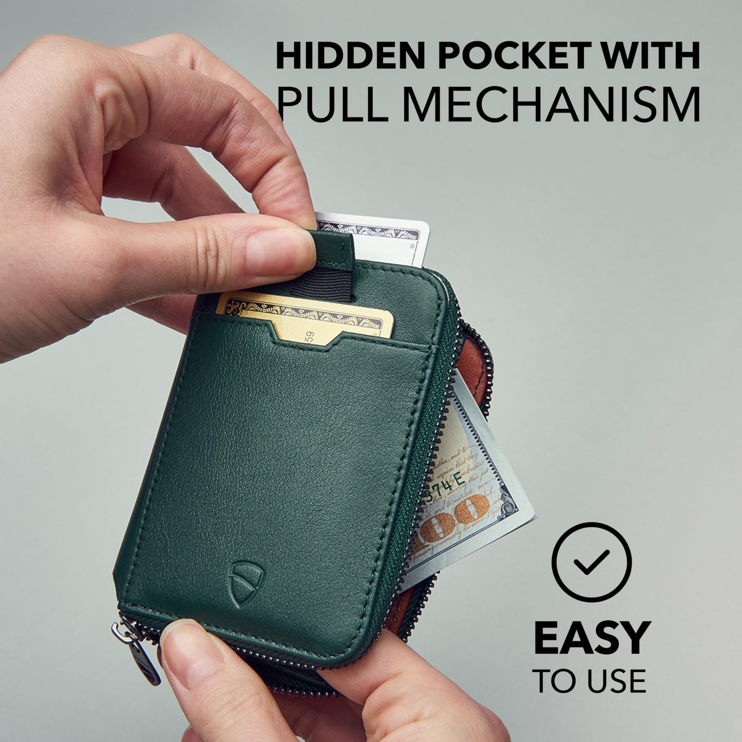 Vaultskin NOTTING HILL Minimalist Leather Zipper Wallet for Women and Men: Slim Multi Cardholder with RFID Blocking and Keychain Ring (Green)