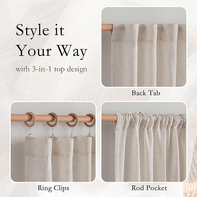 MYSKY HOME Boho Curtains 72 Inch Length, Natural Linen Semi Sheer Drapes for Window Decoration Door Curtain Panels Privacy Shade Burlap Farmhouse Rustic Style for Doorways, 50" x 72", 2 Panels