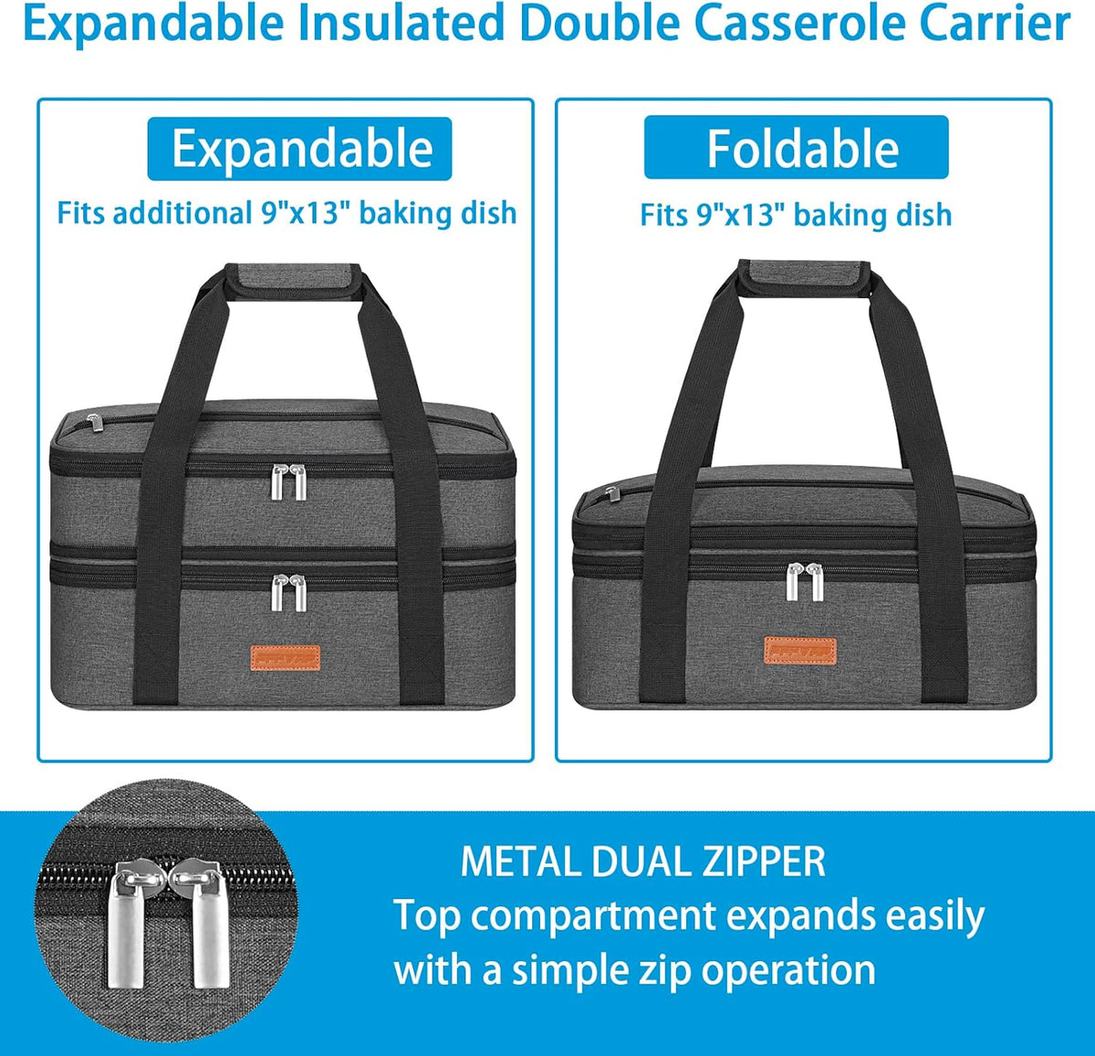 Double Decker Insulated Casserole Carrier for Hot or Cold Food, Expandable Food Carrier for Potluck Parties, Picnic, Cookouts, Fits 11 x 15 or 9 x 13 Lasagna Pan, Baking Dish（Gray）