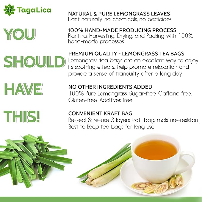 Tagalica, Premium 55 Lemongrass Tea Bags, 100% Natural & Pure Lemongrass leaves, Eco-Conscious Tea Bags, Lemongrass Herbal Tea. Lemongrass Leaf Tea. No Sugar, No Caffeine, No Gluten, Vegan.