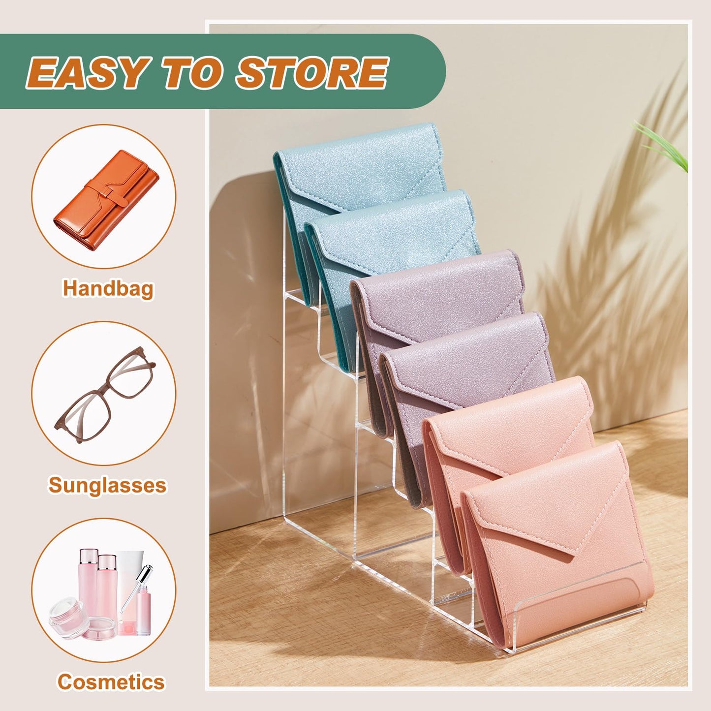 Kathfly 2 Pack 6-tier Acrylic Display Stand for Purses & Wallets, Clear Riser Organizer Shelf for Perfume, Sunglasses, Cosmetics, Multi-Tiered Countertop Vendor Display for Craft Fairs, Retail