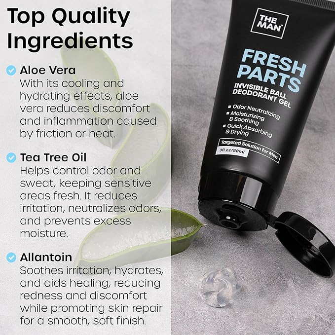 The Man Fresh Parts-Invisible Ball Deodorant Gel-Odor Control & Intimate Deodorant for Men-Quick Drying Balls, Crotch & Groin Gel-No Sticky or Powdery Residue-Sweat Defense for Happy Nuts (3 fl.oz)