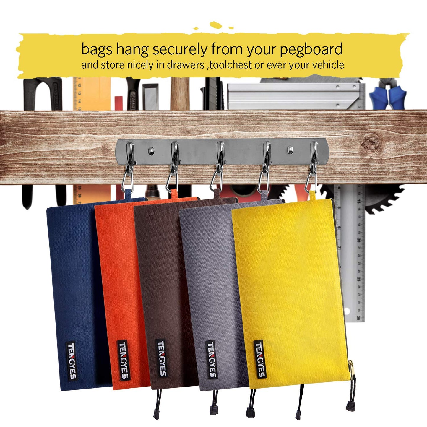 TENGYES Canvas Tool Pouch Zipper Bag - 5 Pack Utility Bags Heavy Duty Metal Zippers Pouches with Carabiner, Multi Storage Organizer Clip on Tote Bags
