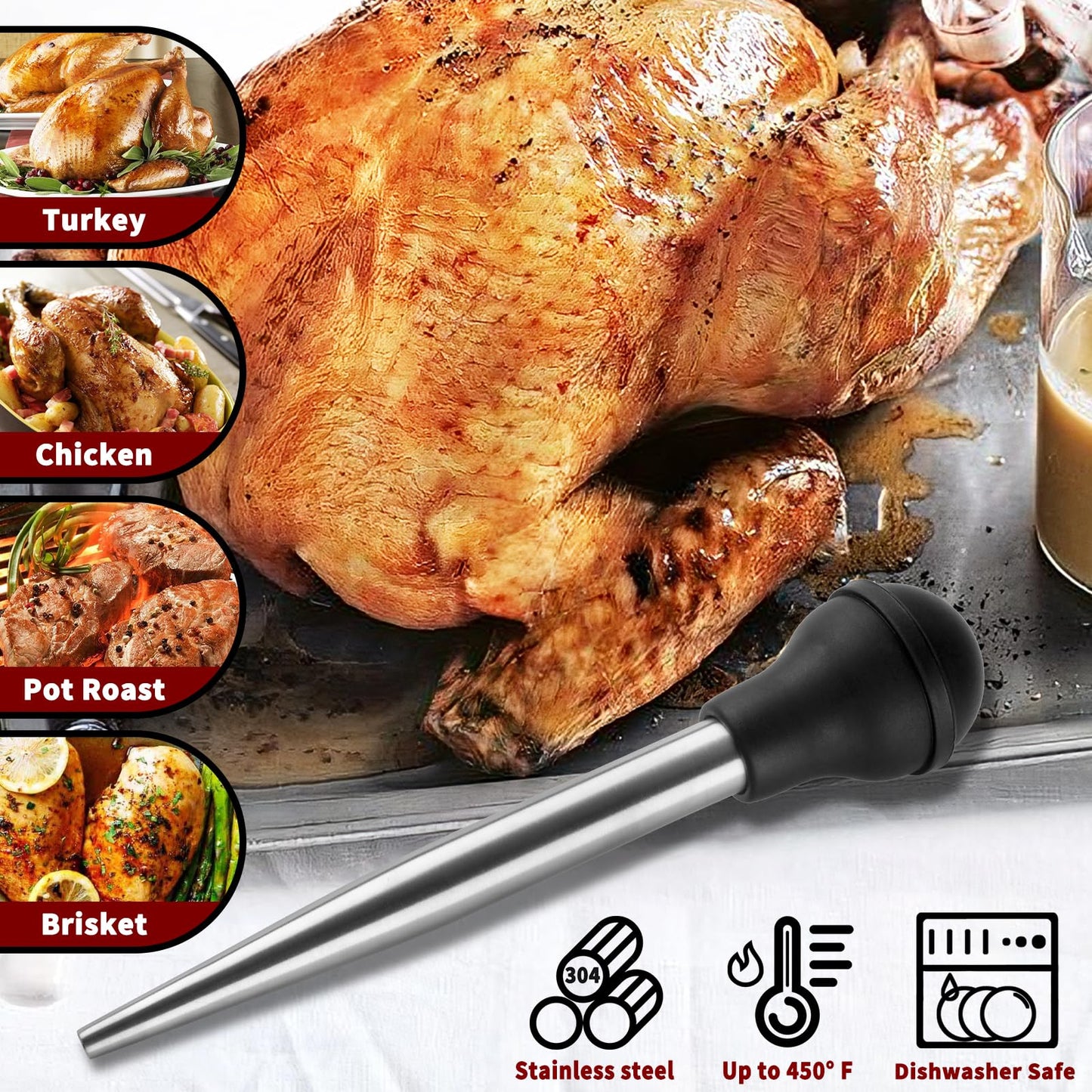 QPMR Turkey Baster With Cleaning Brush, Stainless Steel Baster Tool for Cooking-Baster Syringe for Roaster Turkey, Include 2 Meat Marinade Injector Needles for Thanksgiving