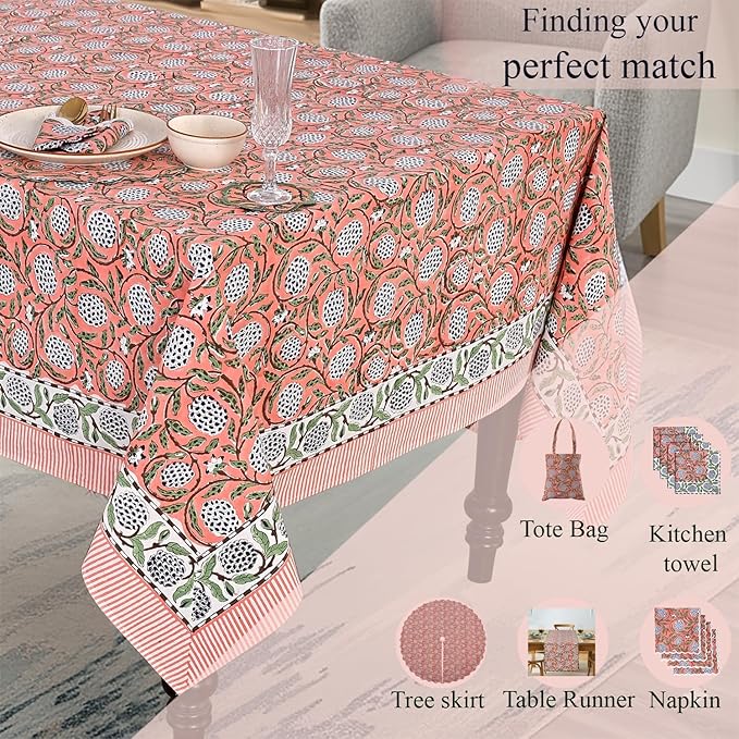Ridhi Hand Block Print Dark Salmon Pink Rectangle Cotton Tablecloth 190" x 72" Reusable Table Cover Decorative Everyday Use for Dining, Farmhouse, Home Gift for Spring, Easter, Valentine