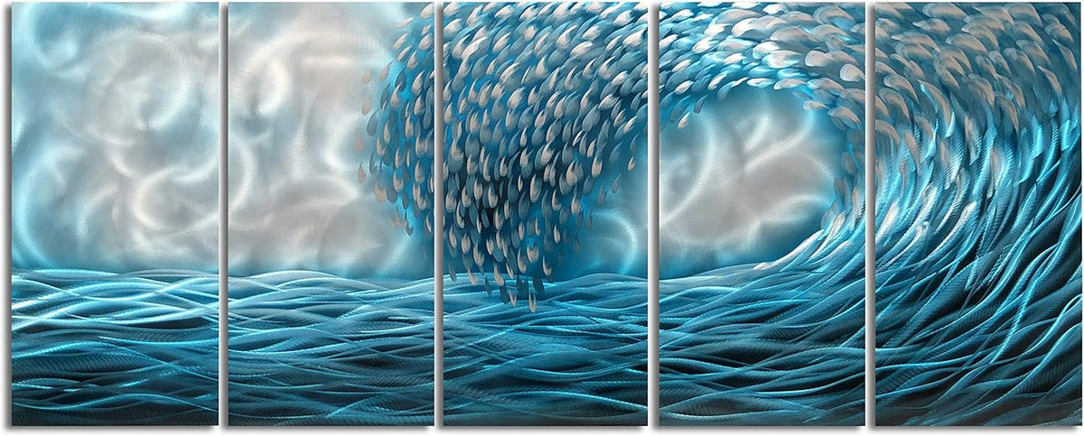 Yihui Arts Hand Crafted Blue Sea Wave 3D Metal Wall Art - Coastal 5 Panel Aluminum Sculpture for Big Abstract Office, Hallway, Fireplace, and Home Decor
