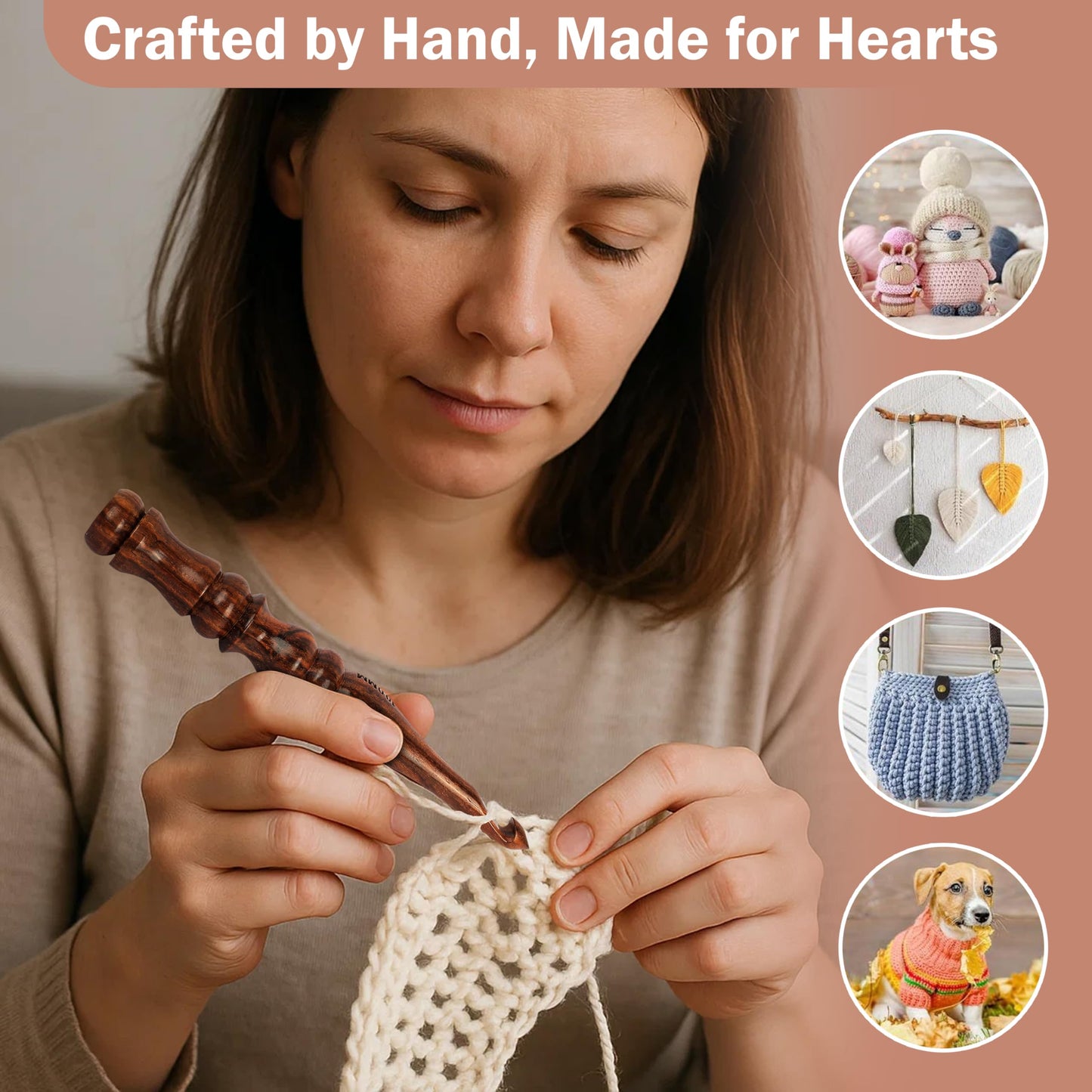 PIEWOOD - Wooden Crochet Hooks, Set of 7 Crochet Hooks Ergonomic Soft Grip Handle, Crochet Hooks for Crocheting Yarn, Knitting Gift for Her (Set of 7)