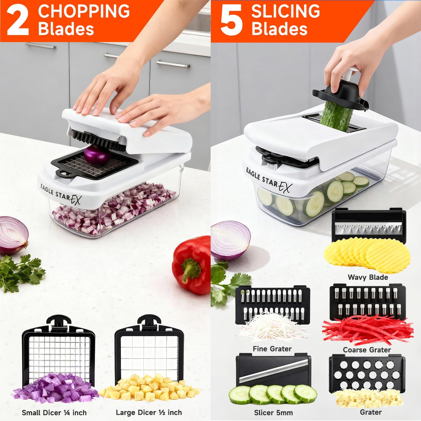 EaglestarEX Vegetable Chopper Mandoline Slicer, Food Veggie Chopper, Cheese Grater, Onion Vegetable Cutter with Container, Dicer, Kitchen Gadgets & Essentials, White/black