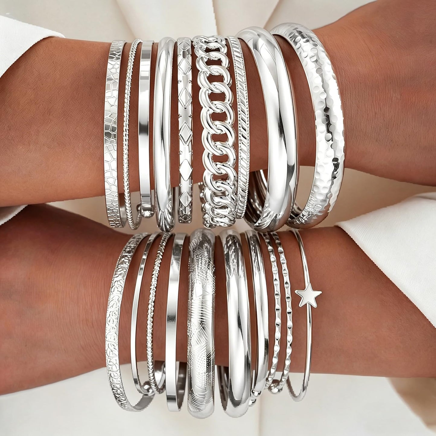 ÌF ME Gold Bangle Bracelets for Women, 19Pcs Multi Stackable Textured Bangles Set, 14K Gold Plated Chunky Bracelet Boho Jewelry Gifts(Silver)