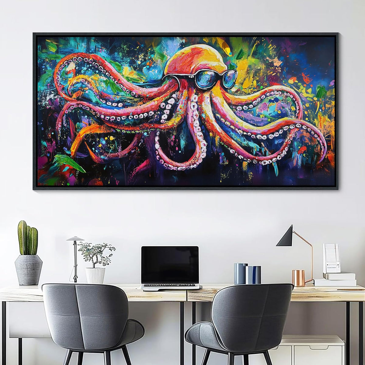 JEAWA Large Framed Wall Art - Funny Octopus Wearing Sunglasses Modern Street Graffiti Texture Wall Painting for Living Room Bedroom Teenage Boy Room Game Room Cool Posters Decor 24x48 IN