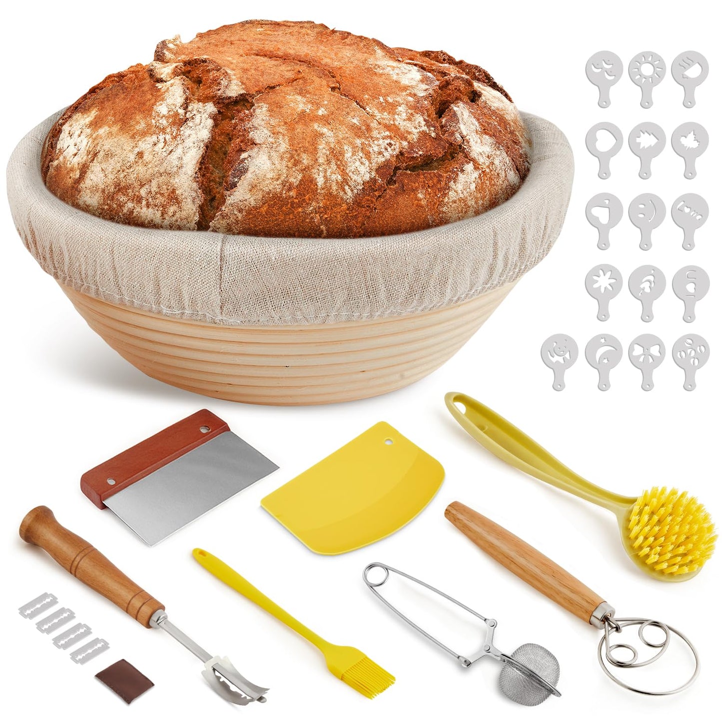 Banneton Bread Proofing Basket, Sourdough Starter Kit, 9" Round Sourdough Bread Baking Supplies with Dough Whisk, Bread Lame, Brush, Scrapers, Flour Duster & Stencils, Bread Making Tools Gift Set