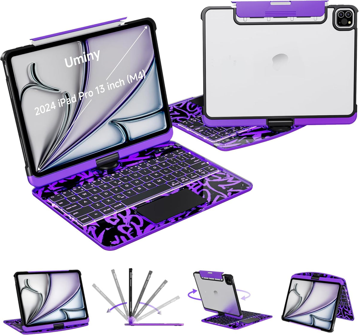 iPad Keyboard Case for 2024 M4 iPad Pro 13 inch, Magic Wireless Keyboard with Trackpad 7 Color Backlit, 360° Rotating Stand Transparent Protective Cover with Pencil Holder (Purple)