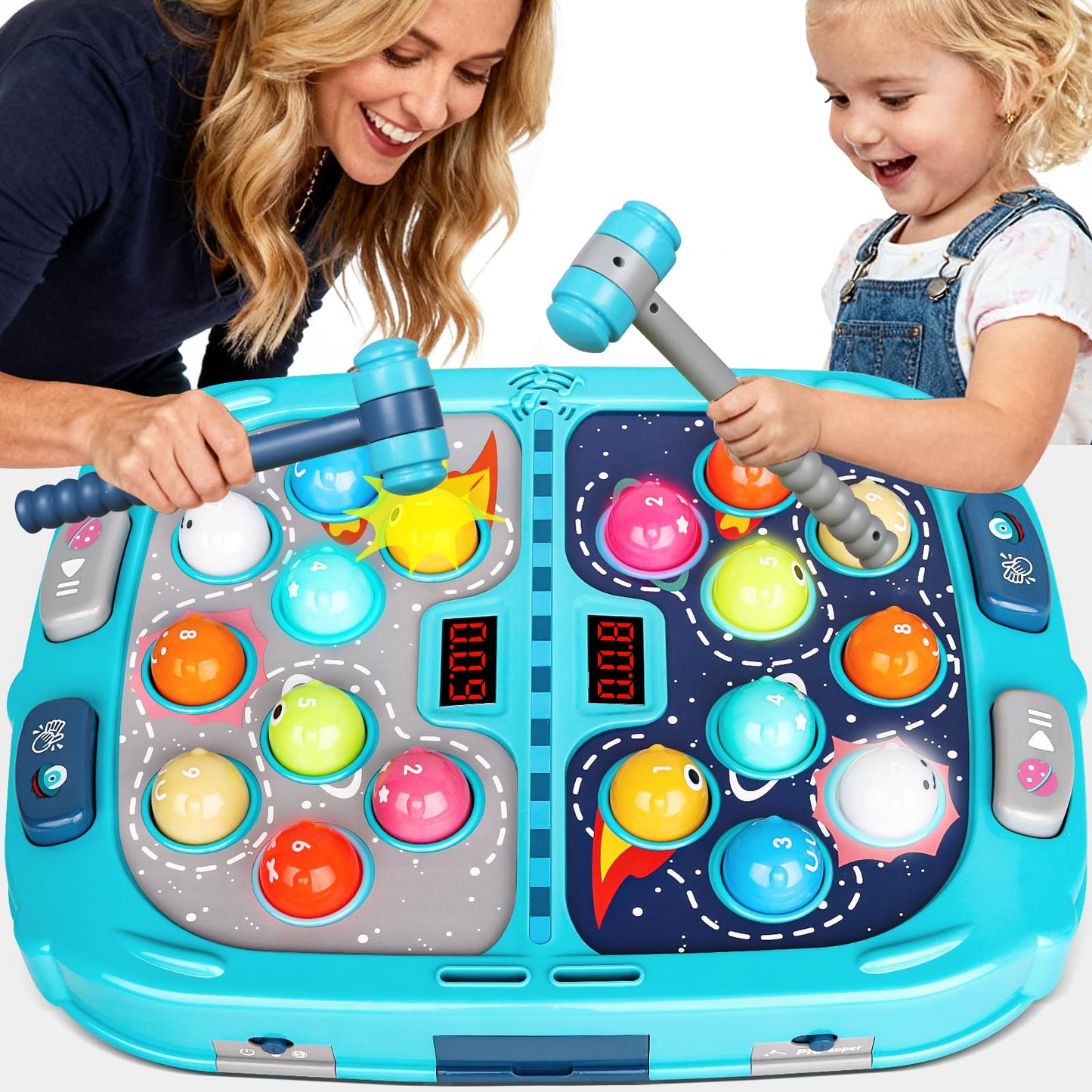 2-Player Whack Game Mole - Toys for Age 3-12 Kids,2 Hammers,3 Modes with Sound & Light,Safe Educational Pounding Toy,Birthday for 3 4 5 6+ Year Old Boys Girls,Blue