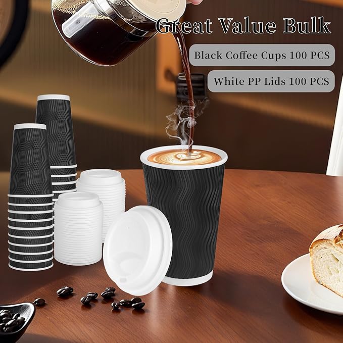 100 Set - 16 oz Coffee Cups with Lids, Disposable Insulated Corrugated Paper Cups, Double Wall Ripple To Go Cups for Hot Drinks, Chocolate, Cocoa (Black)