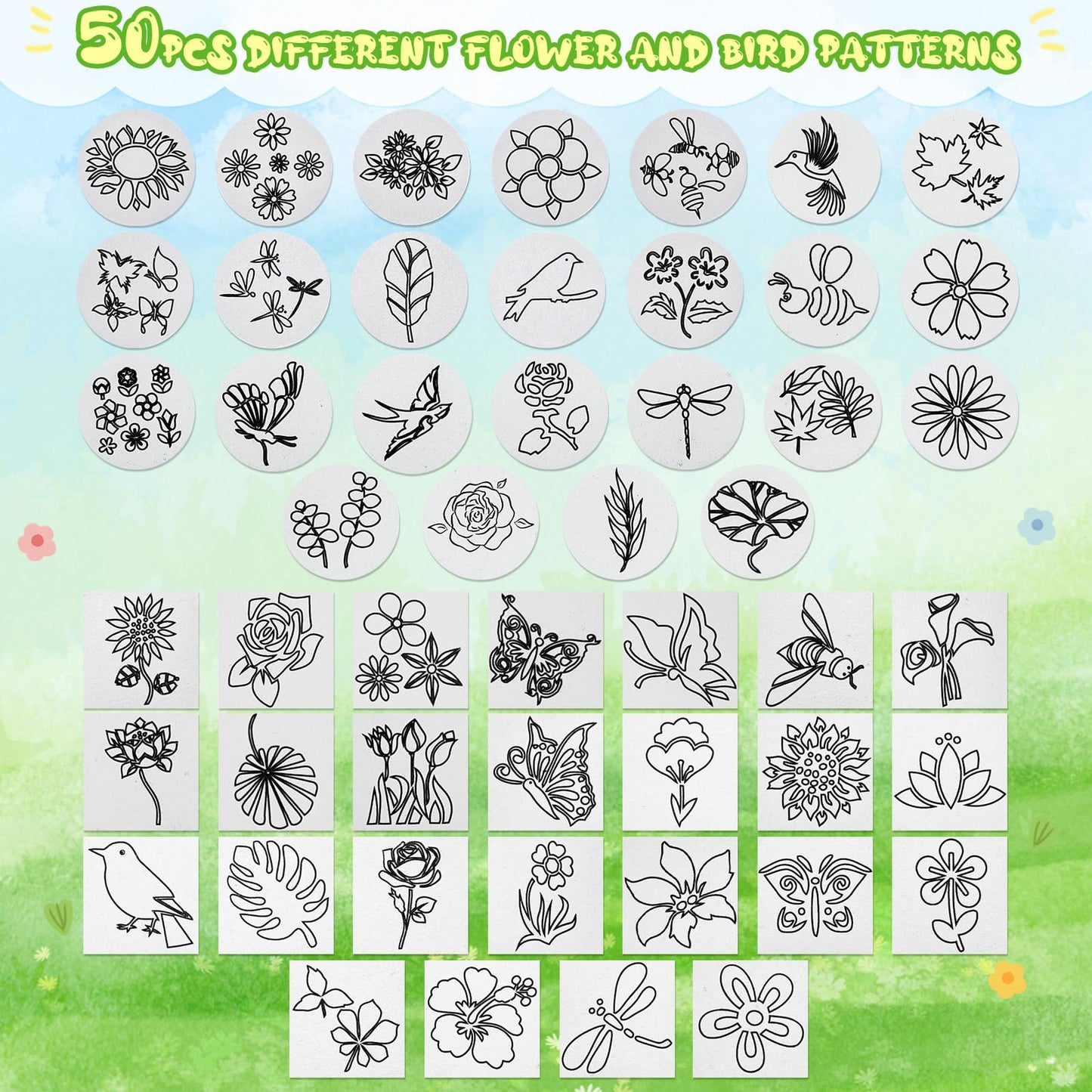 Maitys 65 Pcs Pre-Designed Magic Foam Texture Paper Painting Kit, 3 x 3'' White Foam Texture Paper with Colors Marker Water Brushes for 3D Craft Drawing DIY(Flower and Bird)