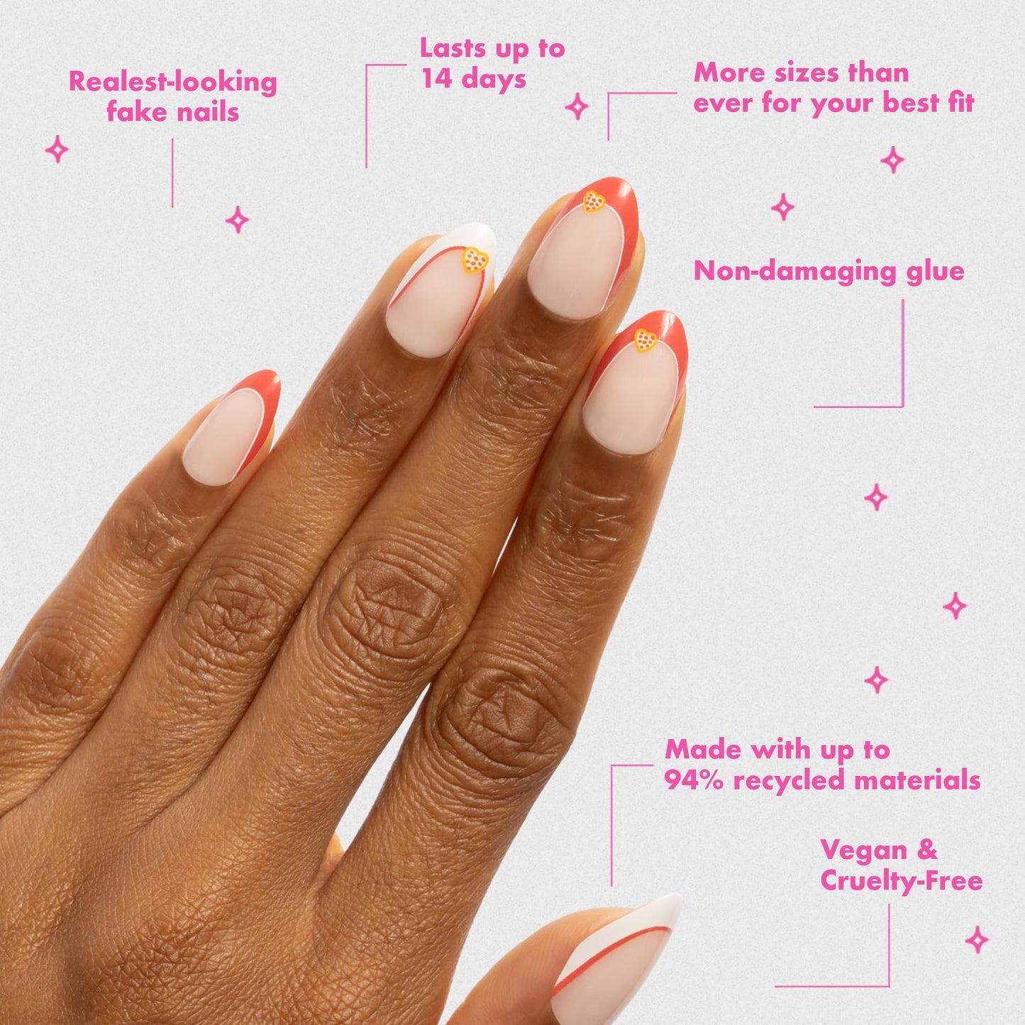 Olive & June Instant Mani Press-On Nails (Glue) | 42 Fake Nails, 21 Sizes | Non-Toxic, Long-Lasting Recycled Materials Realistic Look | Salon-Quality at Home | Medium, Almond | I Heart Pizza French
