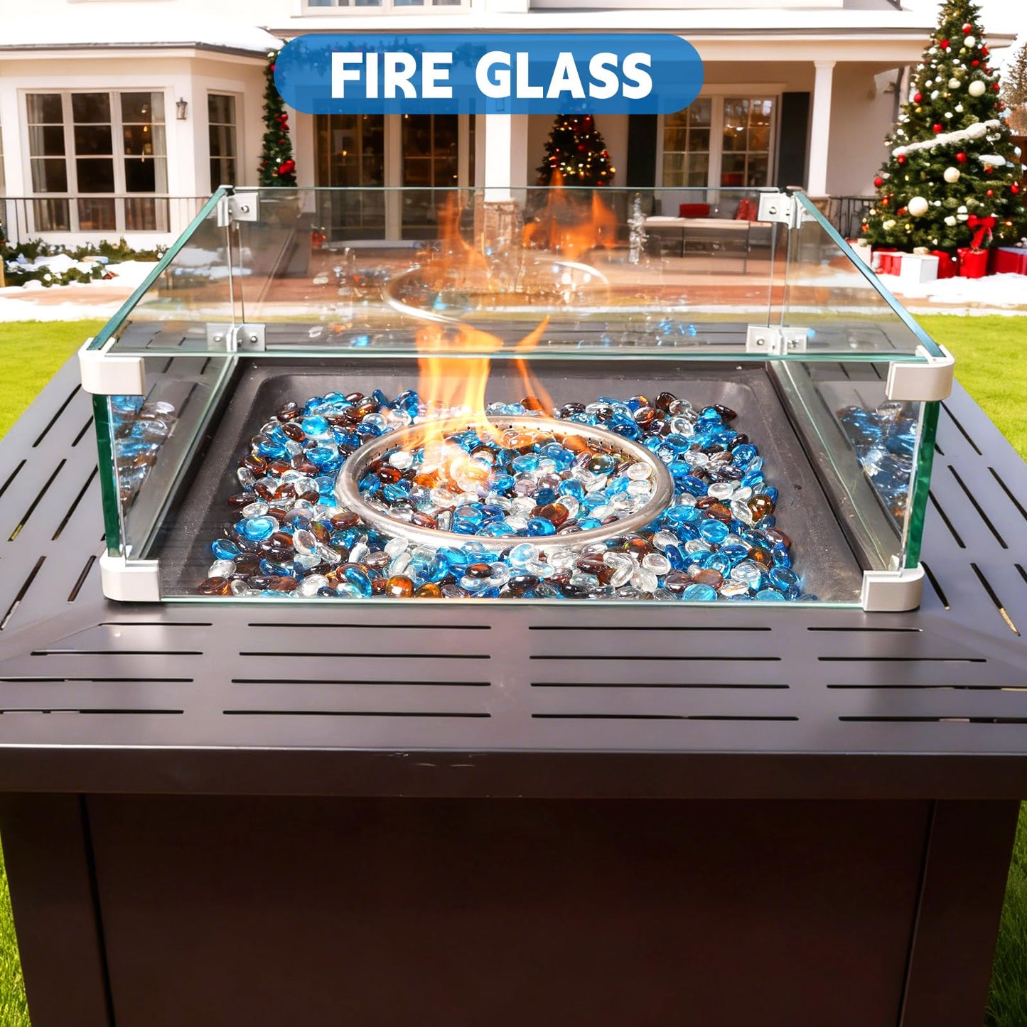 vchin 3/4 Inch Blended Fire Glass Beads,10LB Round Fire Glass Beads for Fire Pit Table, Fireplace and Fire Bowl (Caribbean Blue+Crystal Ice+Amber)