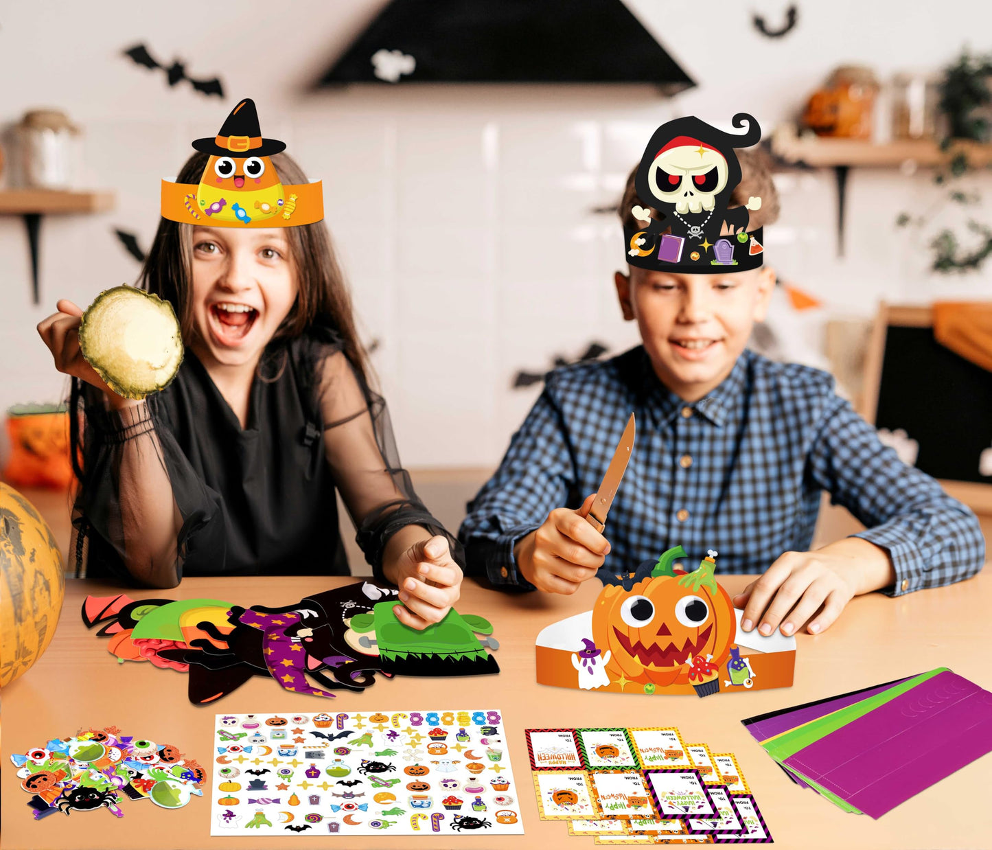 Eternity sky 30 Sets Halloween Crafts - DIY Headbands Paper Crown Hat Art Kit Set with Stickers for Party Favors
