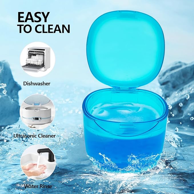 Denture Bath Case Denture Soaking Container with Lid Leak Proof, False Teeth Holder Mouthguard Storage Box Retainer Soaking Case - Transparent Blue
