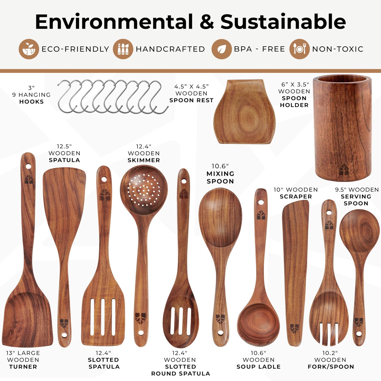 Wooden Spoons for Cooking – 12 Pcs Teak Wooden Utensil Set, Cooking Utensils Set with Holder, Hooks & Spoon Rest - Heat Resistant, Durable, Nonstick Safe Kitchen Cookware