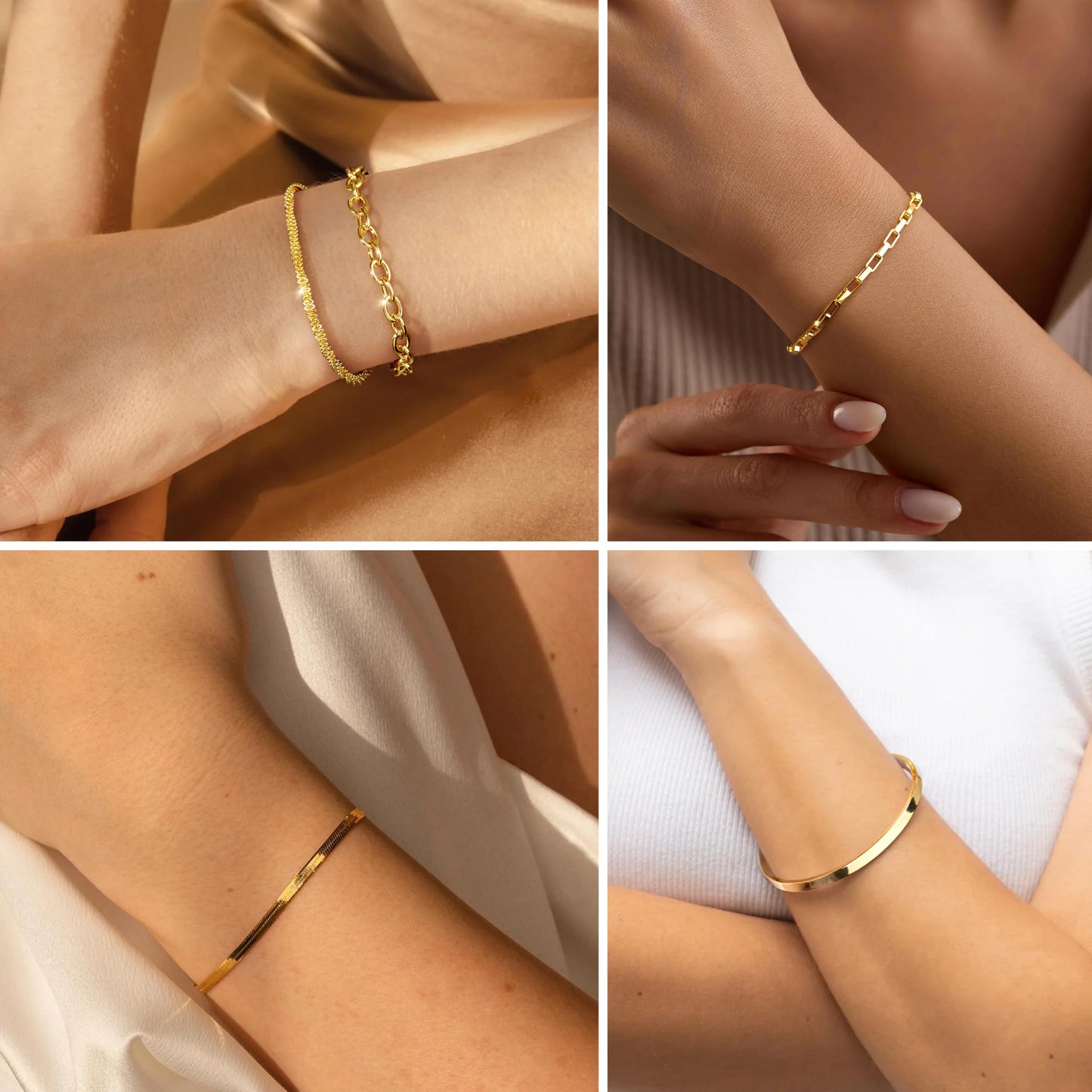 Chunky Gold Bracelets for Women Stack, Adjustable Set 14K Gold Plated on Copper, Stackable Bangle Cuff, Box Link, Figaro, Herringbone, Sparkling Chain, Waterproof Tarnish Resistant Jewelry Gift for Women