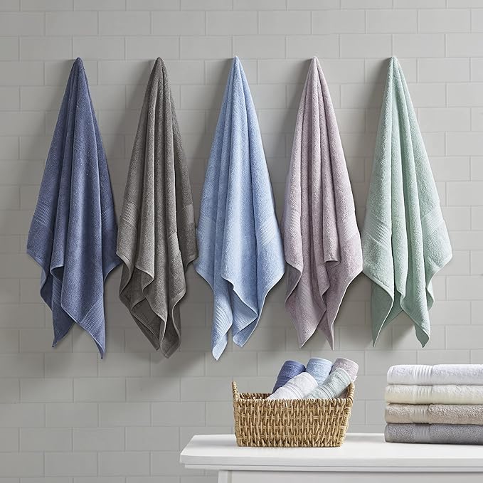 Madison Park Organic 100% Cotton Bathroom Towel Set, Hotel & Spa Quality Highly Absorbent, Quick Dry, Include for Shower, Handwash & Facial Washcloth, Multi-Sizes, Blue