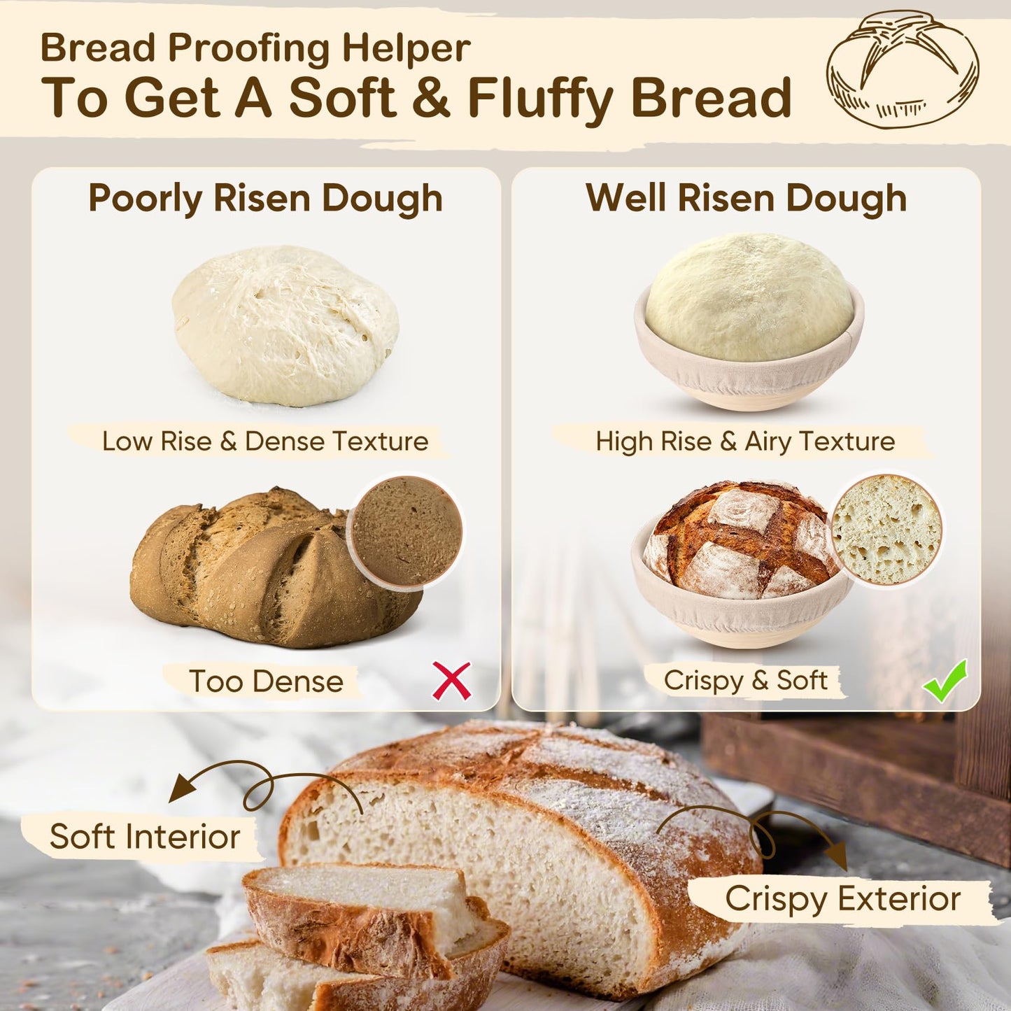 TeamFar Bread Proofing Basket Set of 2, Sourdough Bread Baking Supplies, 9 Inch Round Proofing Baskets for Sourdough Bread Baking, Proofing Bowls with Liner for Dough Fermentation