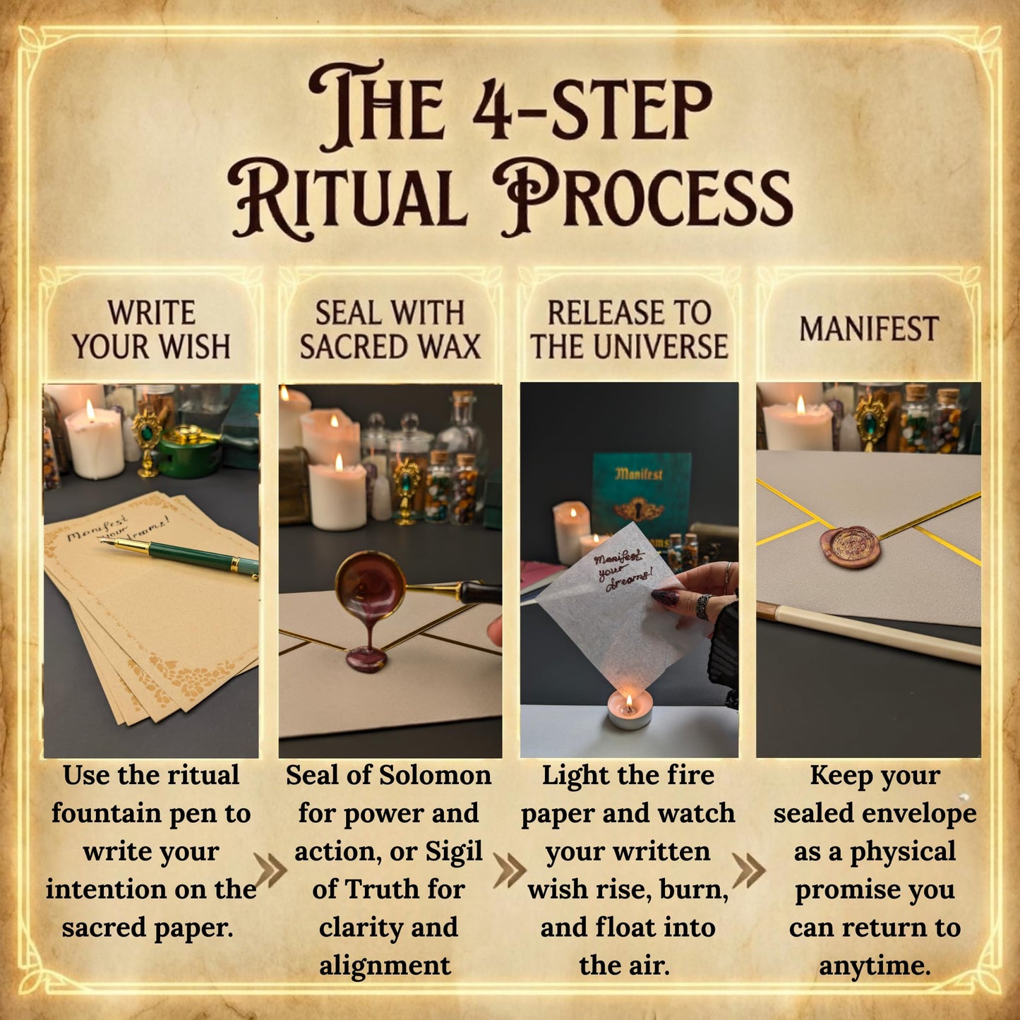 Manifestation Kit with Fire Paper & Wax Seal Stamps – Sigil Ritual Tools for Writing, Sealing & Releasing Intentions – Spiritual Self Care Gift for Manifestation – Witchy Cauldron Manifest Dreams Seal