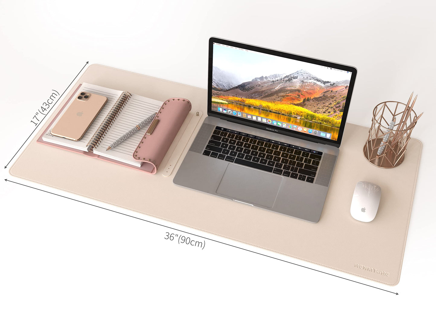 RENMTURE Dual-Sided Mouse Pad, Natural Cork & PU Leather Large Desk Pad for Office and Home Work, Desk Protector Non-Slip, Waterproof, Easy Clean (Apricot, 36"x17")