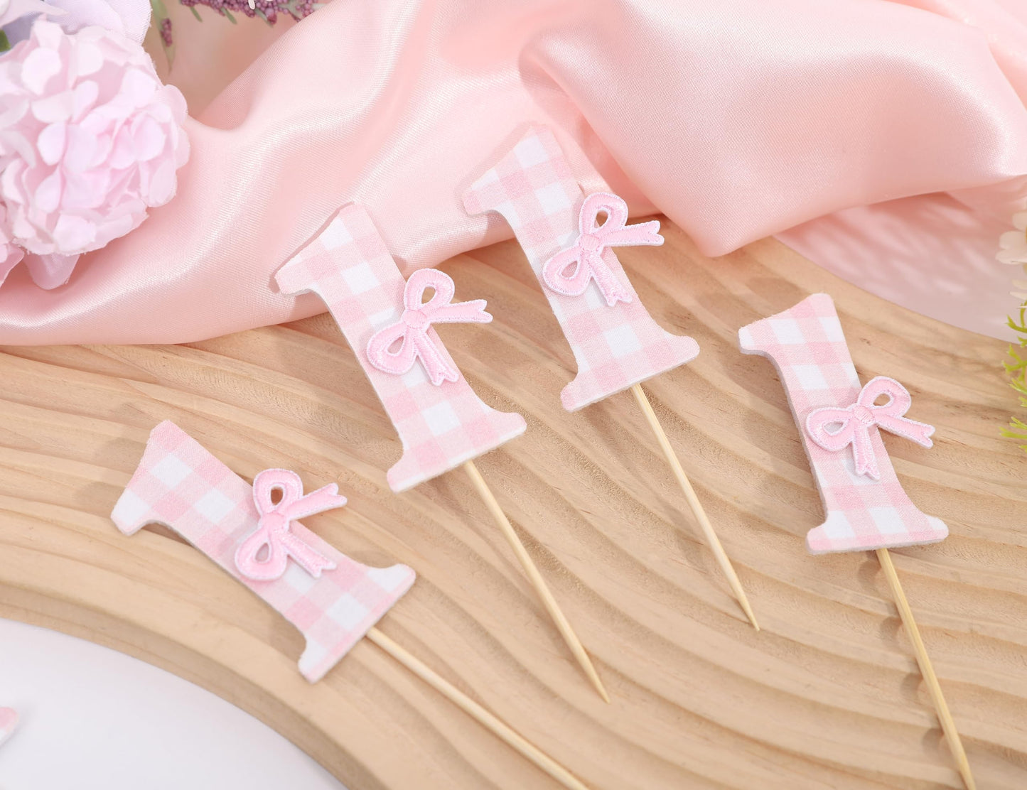 12Pcs Bow 1st Birthday Cupcake Toppers - Sweet One Birthday Decorations,First Wedding Anniversary Bowknot Cupcake Toppers,Pink Bow Cake Smash Photo Props,Coquette Party Table Centerpieces