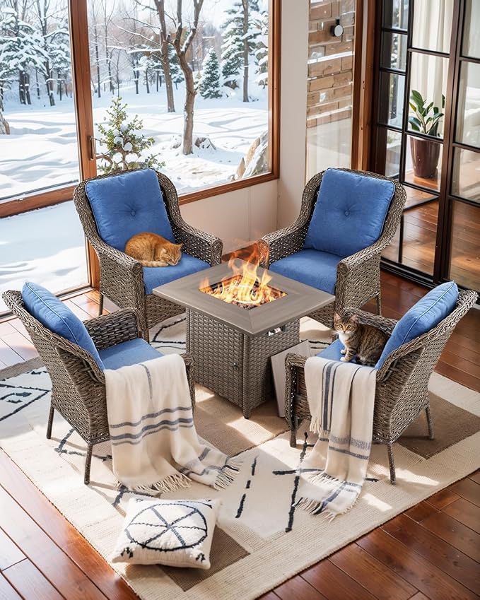 Patio Wicker Chairs Outdoor Furniture Chair - Set of 4 Outside All Weather Lawn Dining Brown Rattan Armchair with High Back&Deep Seating for Deck Porch Balcony Backyard Garden - Navy Blue