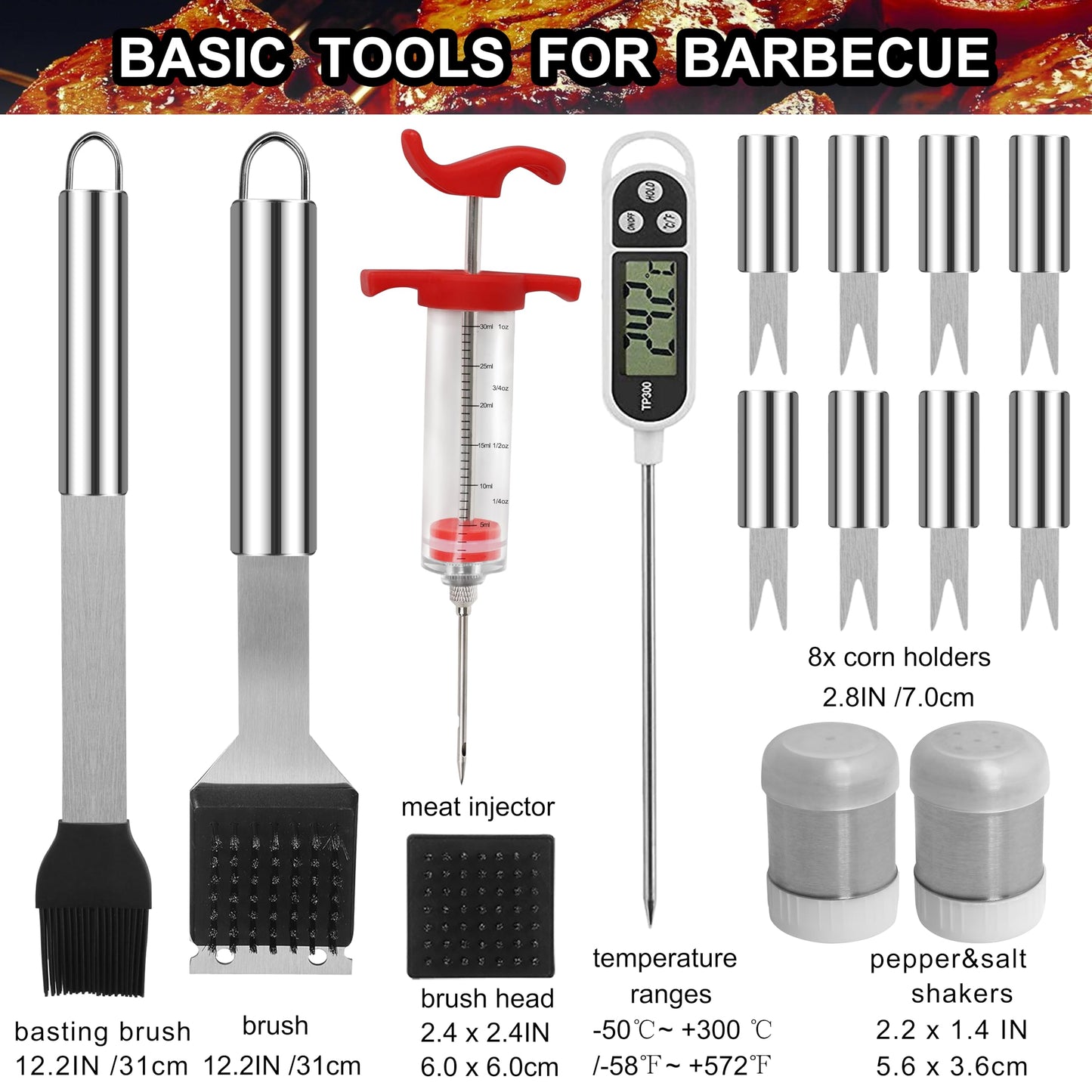Grilljoy 24PCS BBQ Grill Tools Set with Meat Thermometer and Injector - Extra Thick Stainless Steel Fork, Spatula& Tongs - Complete BBQ Accessories in Aluminum Case - Perfect Grill Gifts for Men