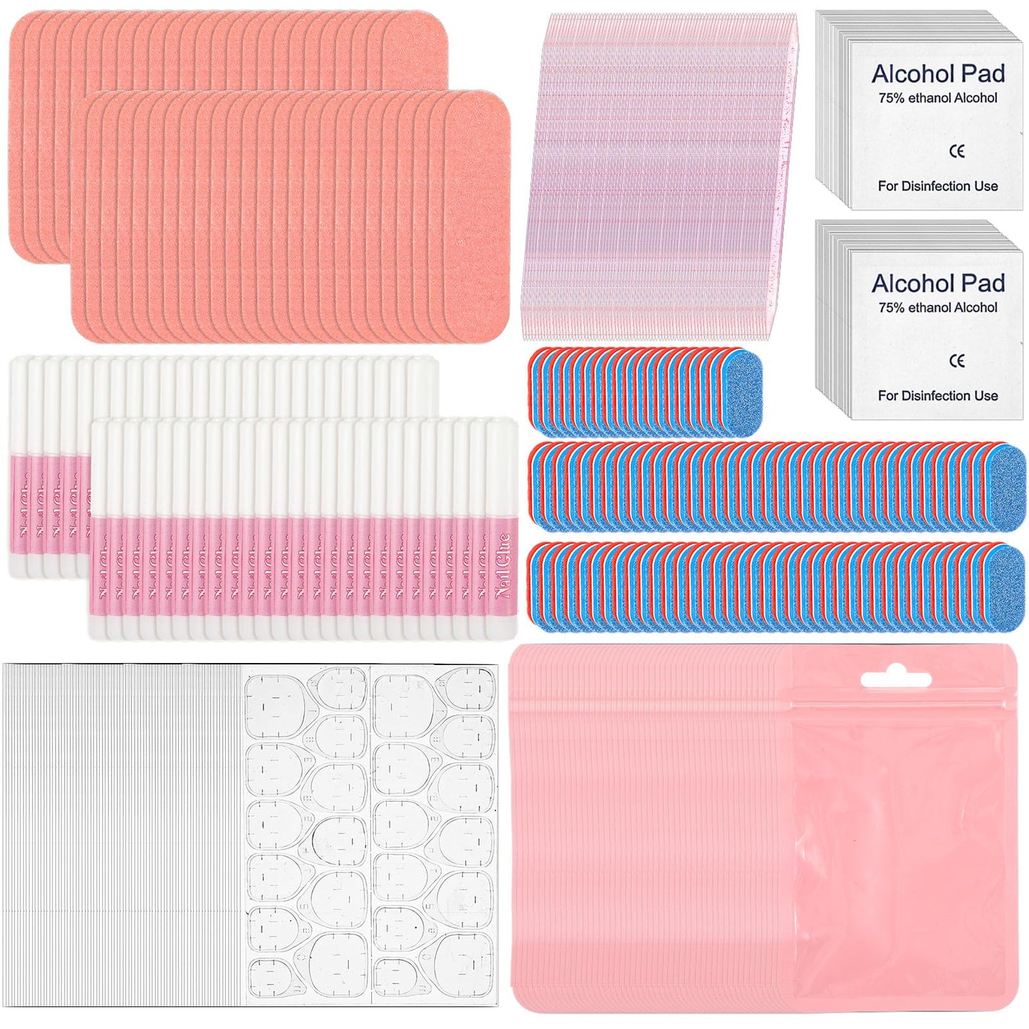 100 Set Press on Nail Kit for Salon Business, Disposable Nail Prep Kit with File Buffer Glue Prep Pad Adhesive Tabs Wood Stick, Press on Nail Kit with Everything in Holographic Bag