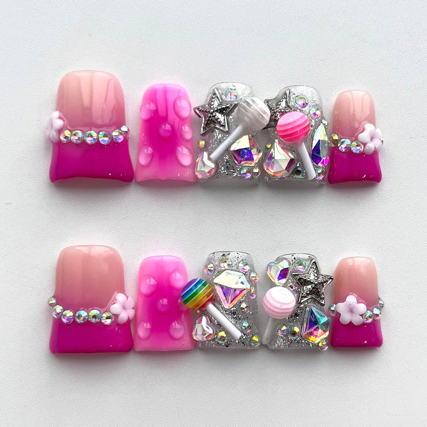 French Tip Press on Nails Handmade Short Duck 3D Thick Acrylic Nails Cute False Nails with Lollipop Stars Flower Designs Pink Glossy Fake Nail Sturdy Art Press on Nail 10Pcs(S)